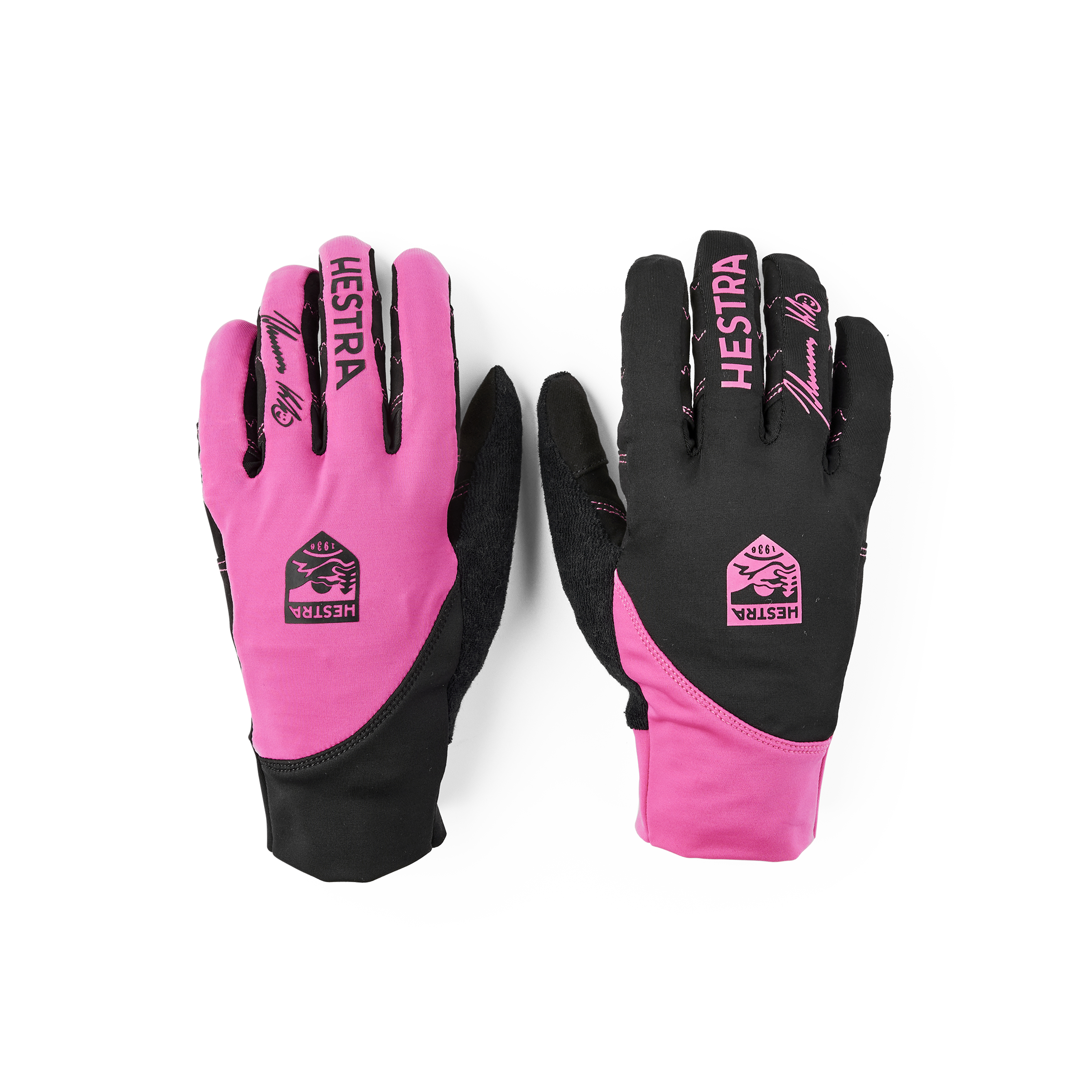 Rosa-schwarzer Fahrradhandschuh mit Lycra an der Oberhand und schwarzem synthetischem Wildleder an der Innenhand