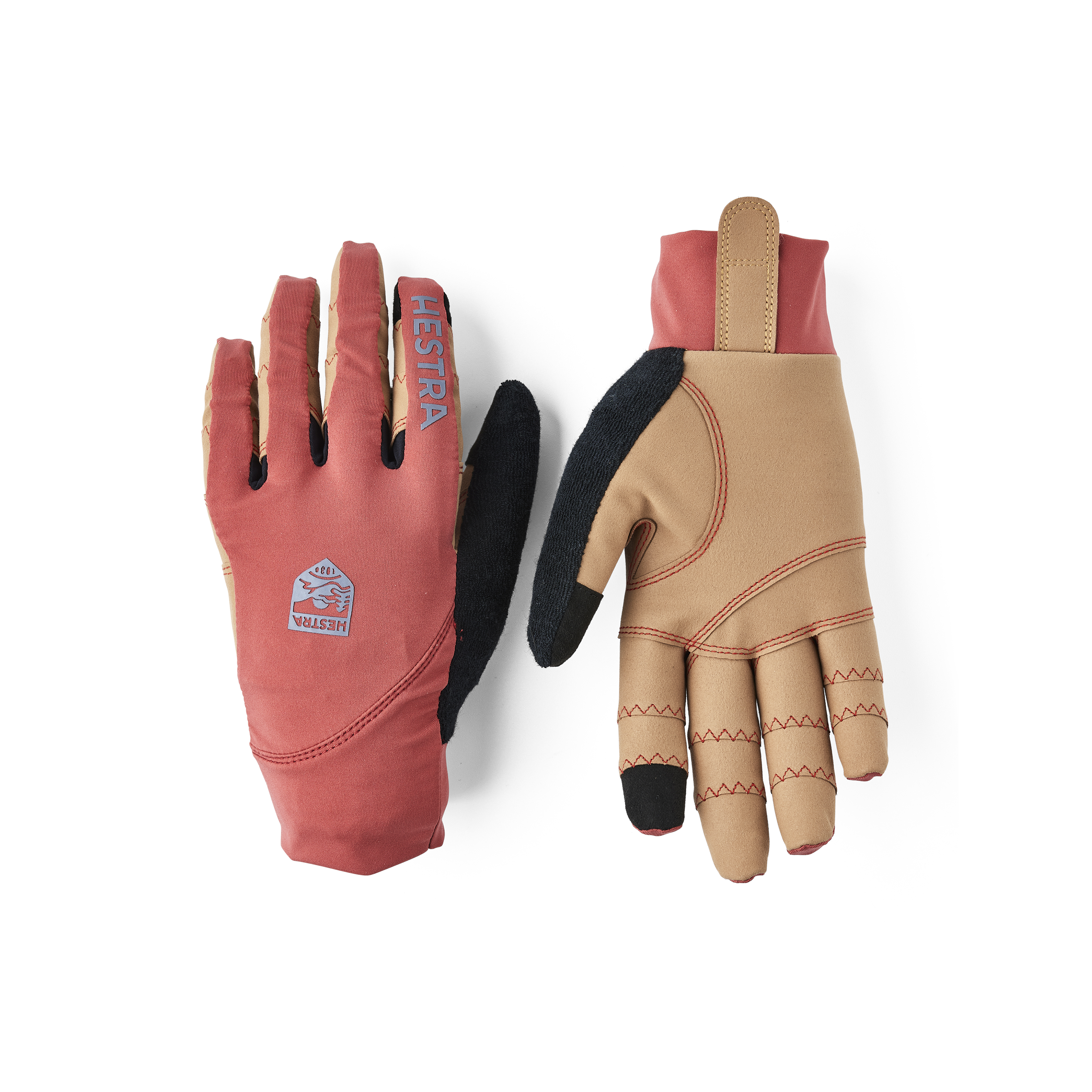 Hellbrauner Fahrradhandschuh mit Lycra an der Oberhand und hellbraunem synthetischem Wildleder an der Innenhand