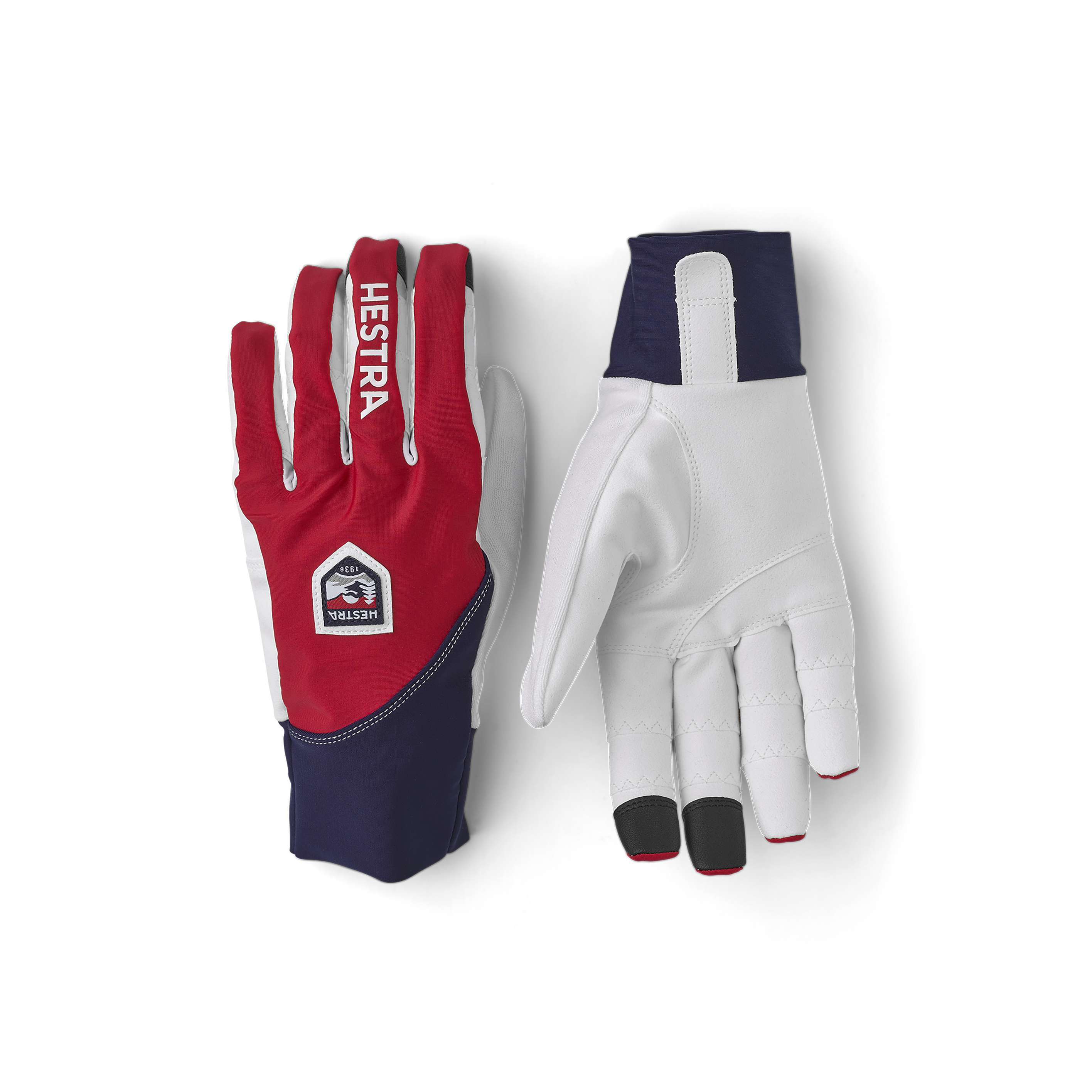 Rot-blauer Fahrradhandschuh mit Lycra an der Oberhand und weißem synthetischem Wildleder an der Innenhand