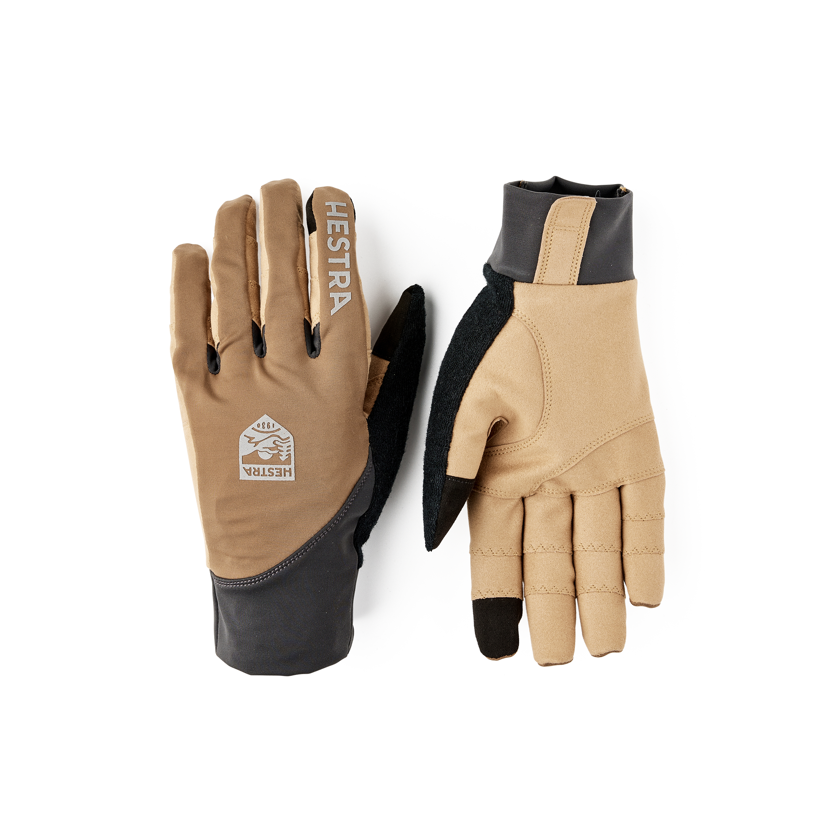 Hellbrauner Fahrradhandschuh mit Lycra an der Oberhand und hellbraunem synthetischem Wildleder an der Innenhand