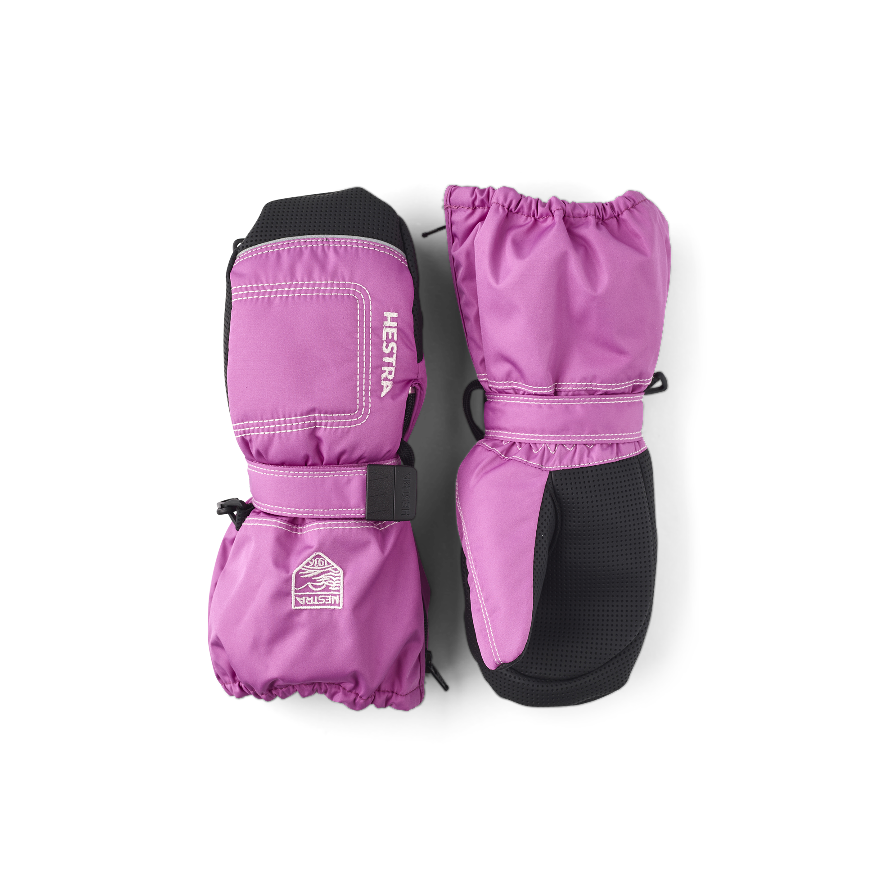 Rosa Fausthandschuh aus Stoff mit schwarzer Innenhand und verstellbarem Handgelenkverschluss