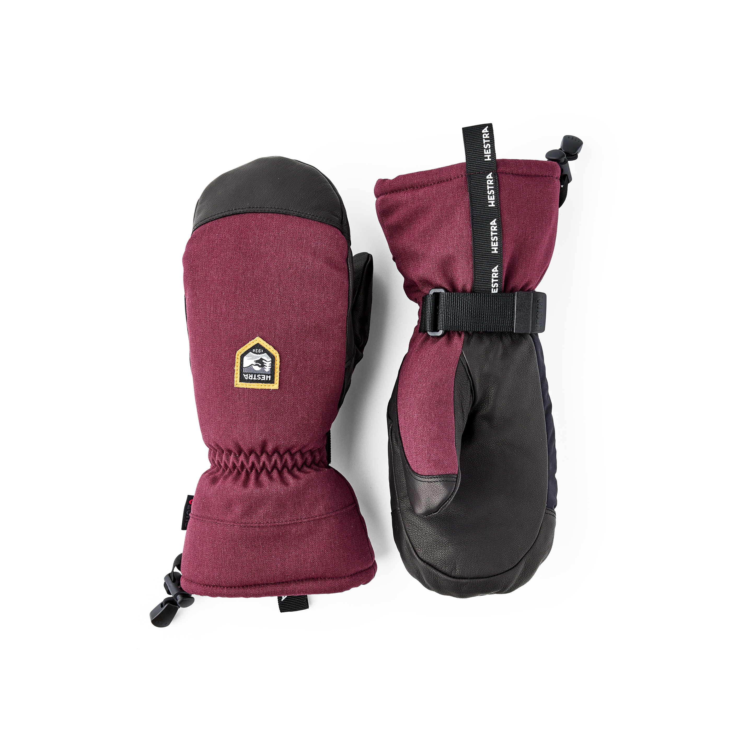 Bordeauxroter Fausthandschuh mit schwarzem Ziegenleder an der Innenhand und verstellbarem Handgelenkverschluss