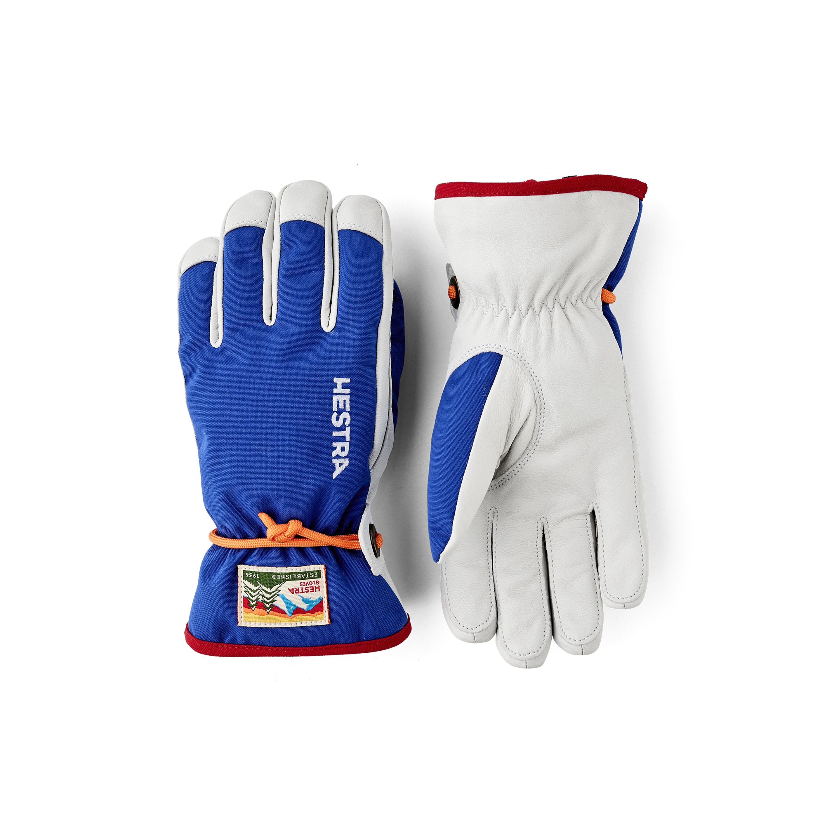 Königsblauer Kinderhandschuh mit weißem Ziegenleder an der Innenhand und Handgelenkschlaufe