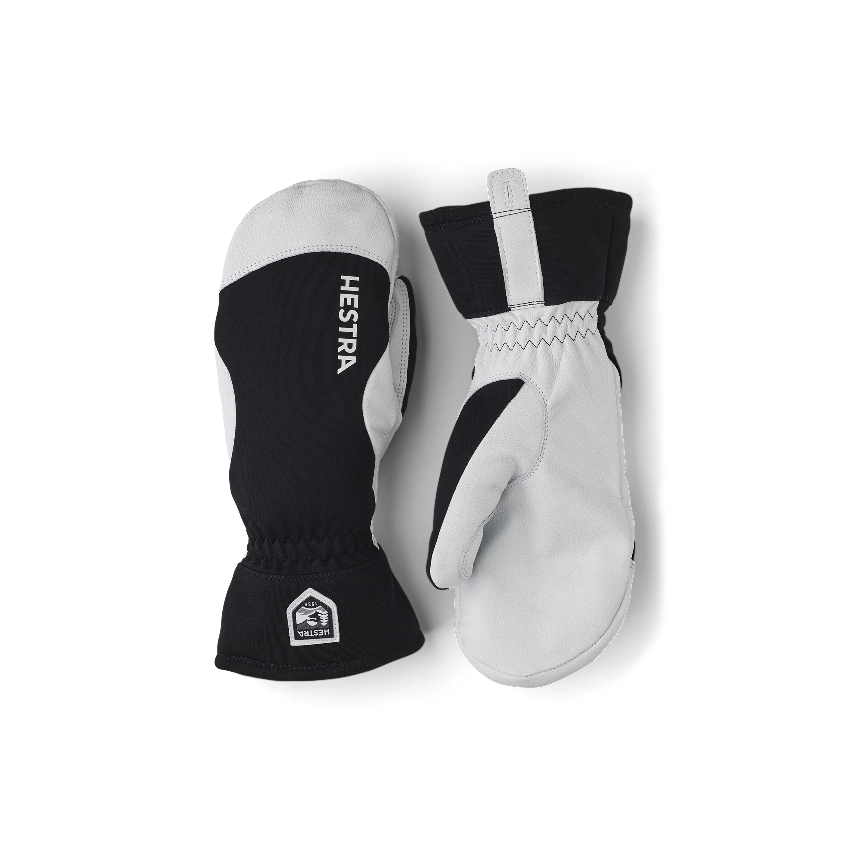 Schwarzer Fausthandschuh mit hellgrauem Ziegenleder an der Innenhand