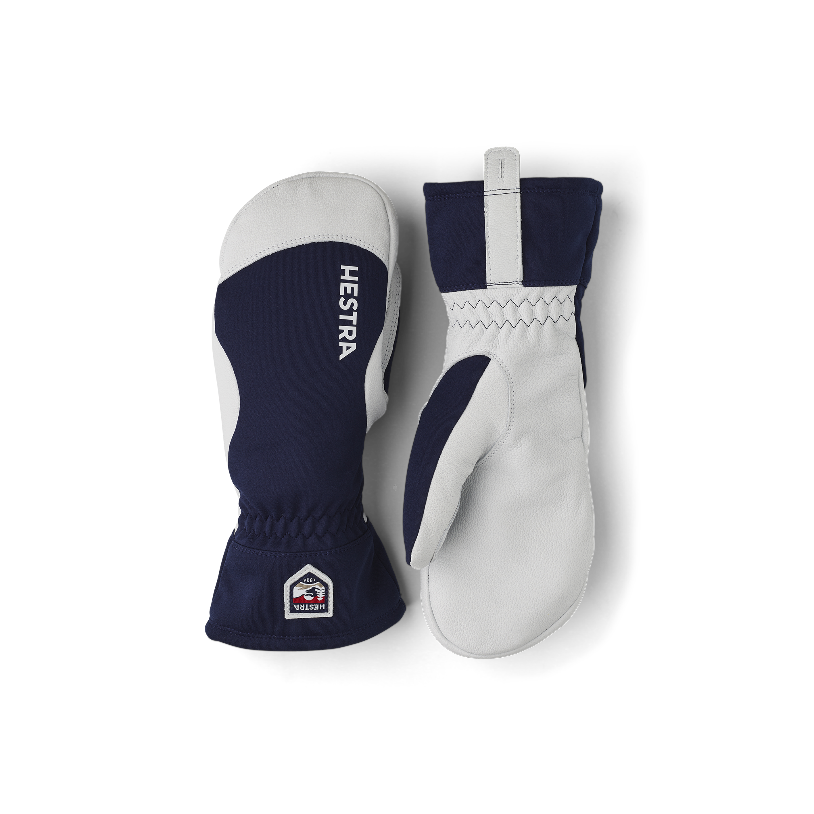 Dunkelblauer Fausthandschuh mit hellgrauem Ziegenleder an der Innenhand