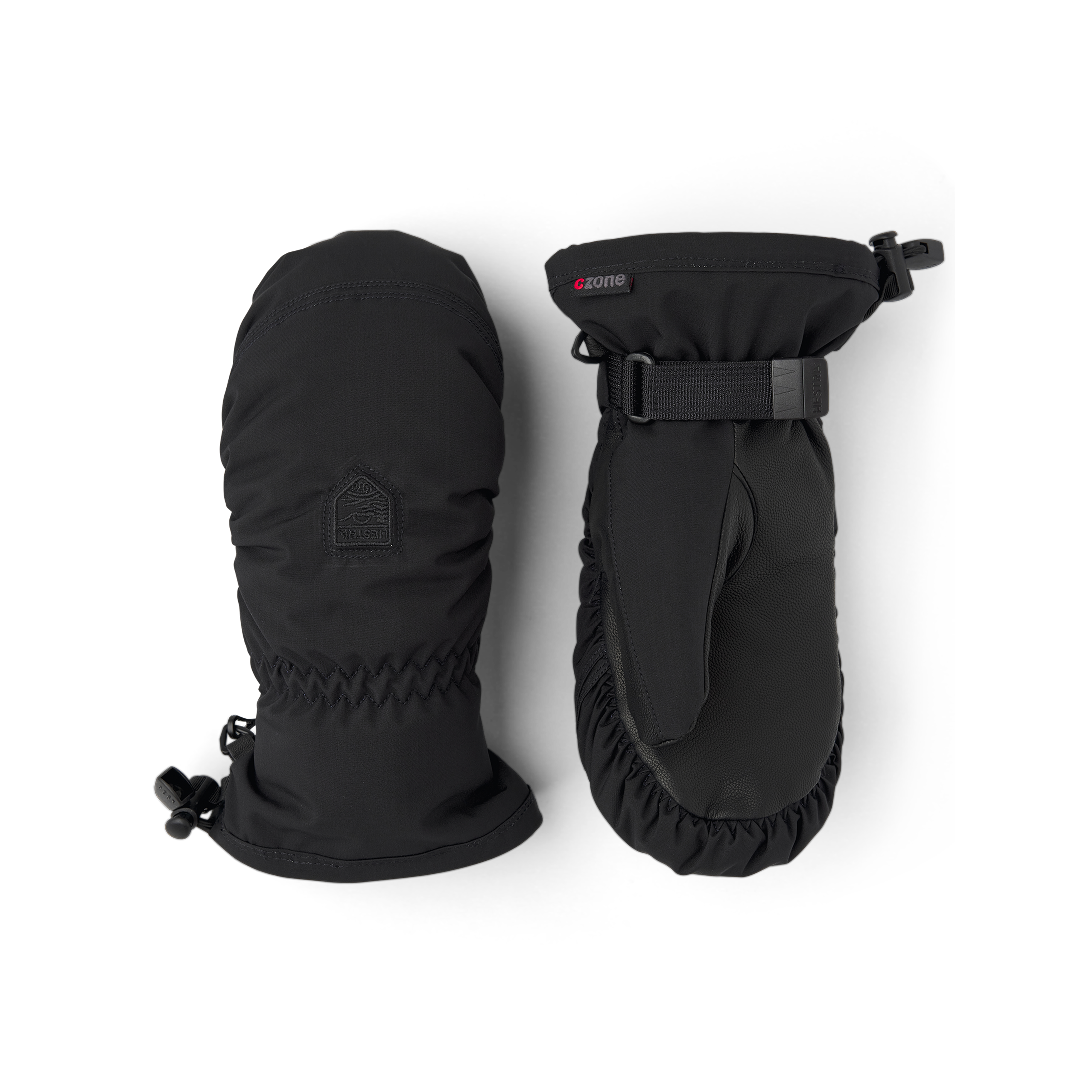 Schwarzer Fausthandschuh aus Stoff mit schwarzem Haarschafleder an der Innenhand und verstellbarem Handgelenkverschluss