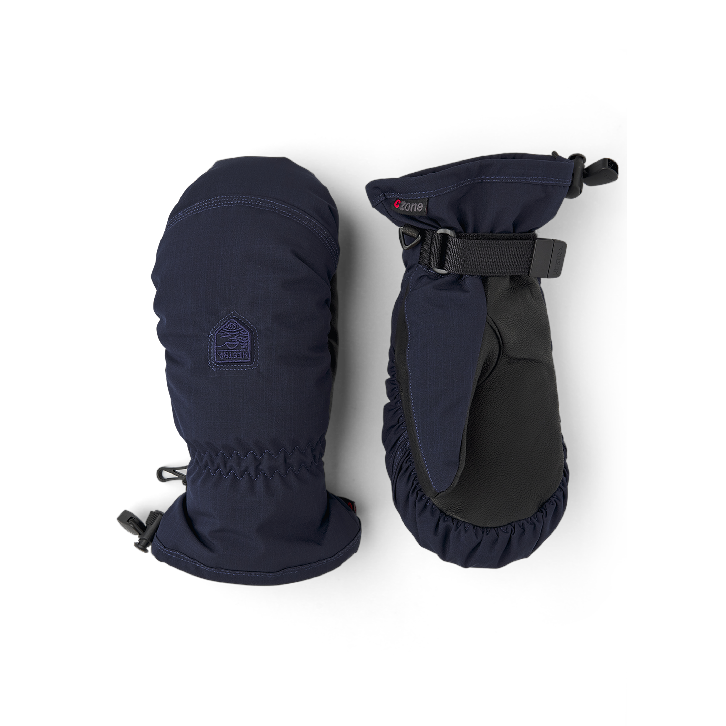 Dunkelblauer Fausthandschuh aus Stoff mit schwarzem Haarschafleder an der Innenhand und verstellbarem Handgelenkverschluss