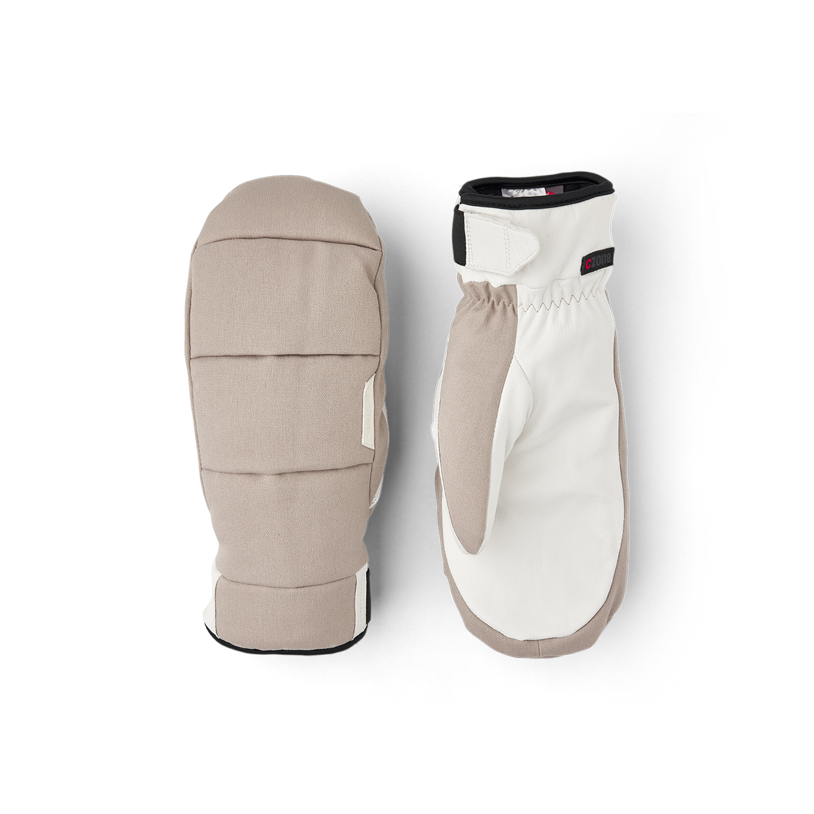 Beiger Fausthandschuh aus Stoff mit weißem Ziegenleder an der Innenhand