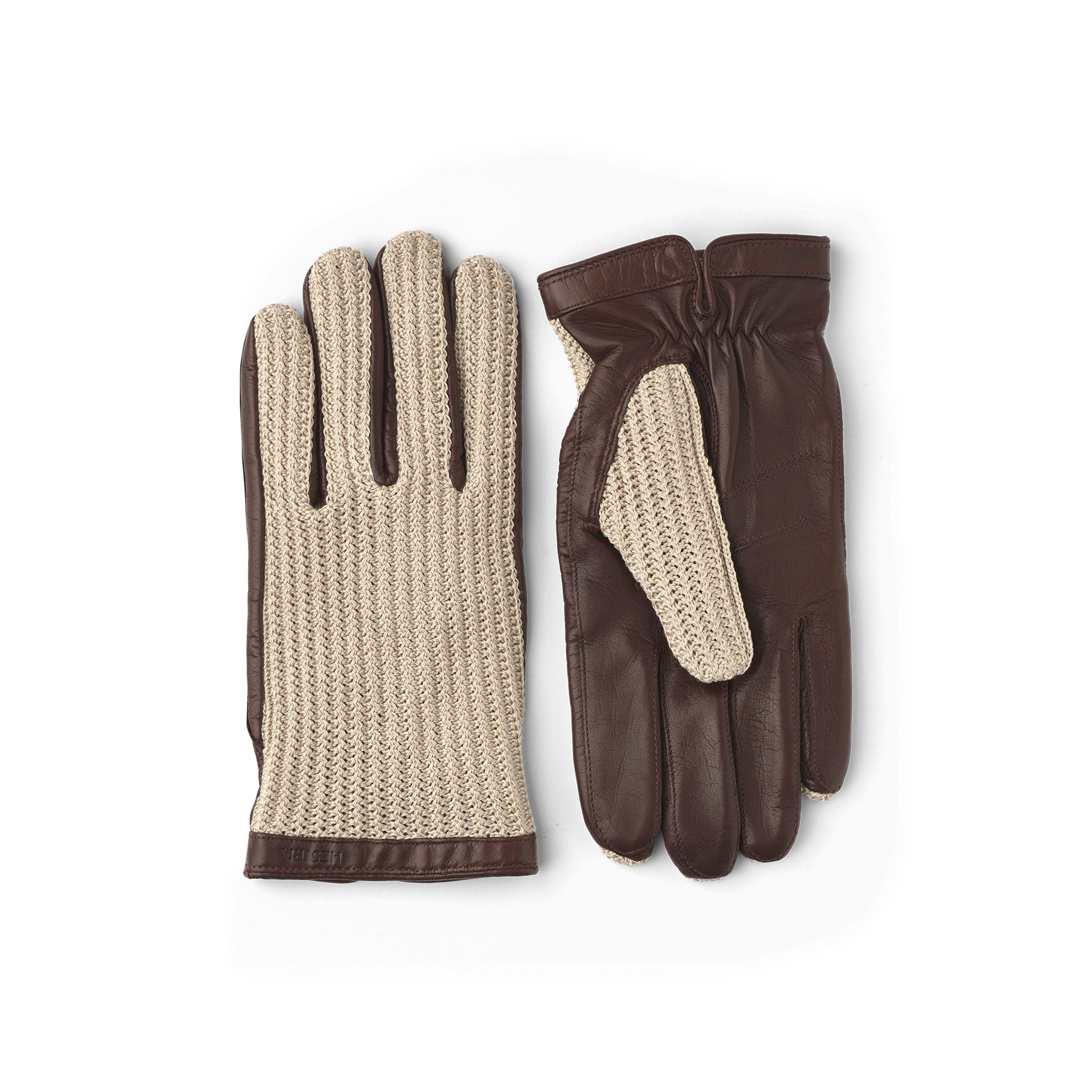 Brauner maschinengenähter Lederhandschuh mit gehäkelter Oberhand aus beiger Baumwolle