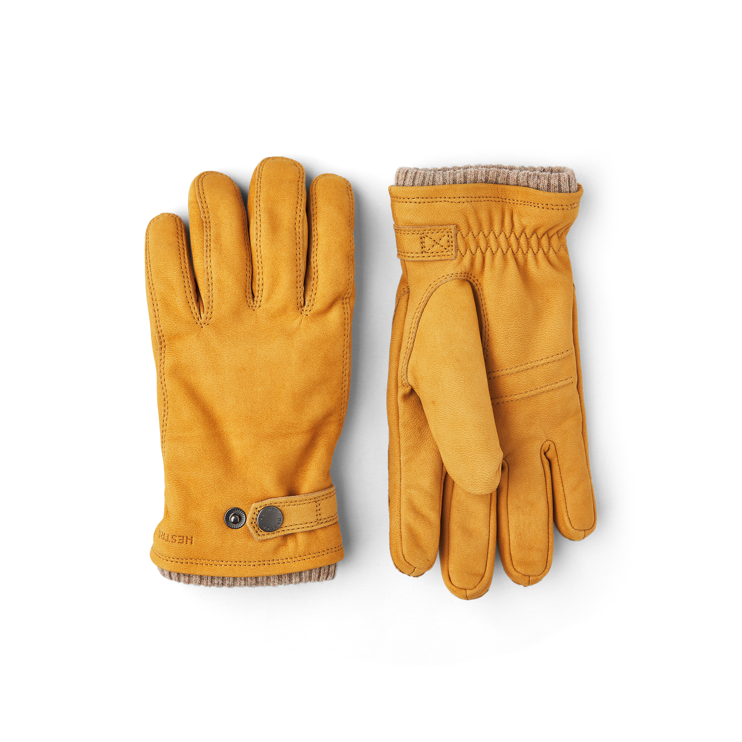 Gelbbeiger maschinengenähter Handschuh aus Ziegennubuk mit Lederriegel und Knopf