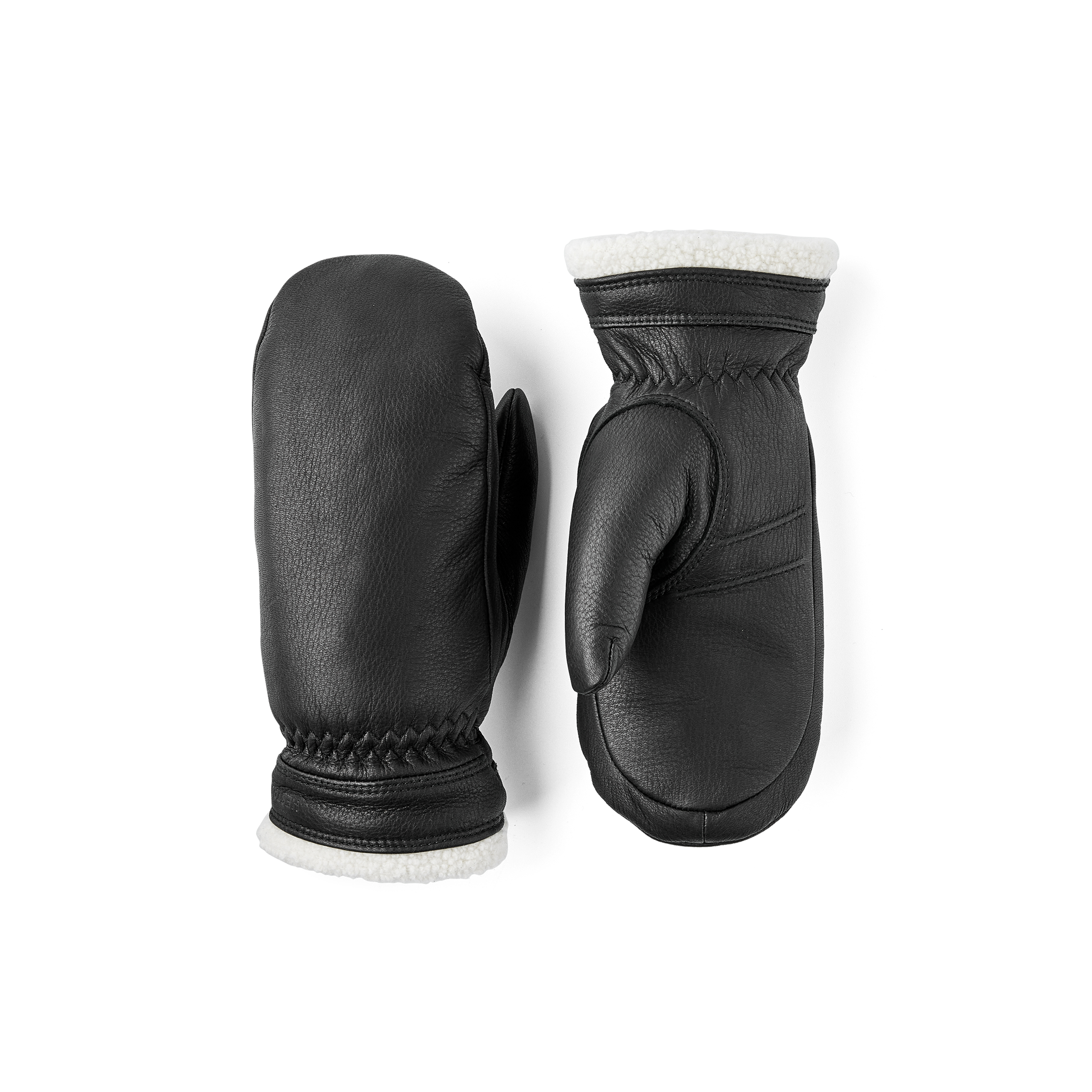 Schwarzer Fausthandschuh aus Hirschleder mit weißer Stulpenkante