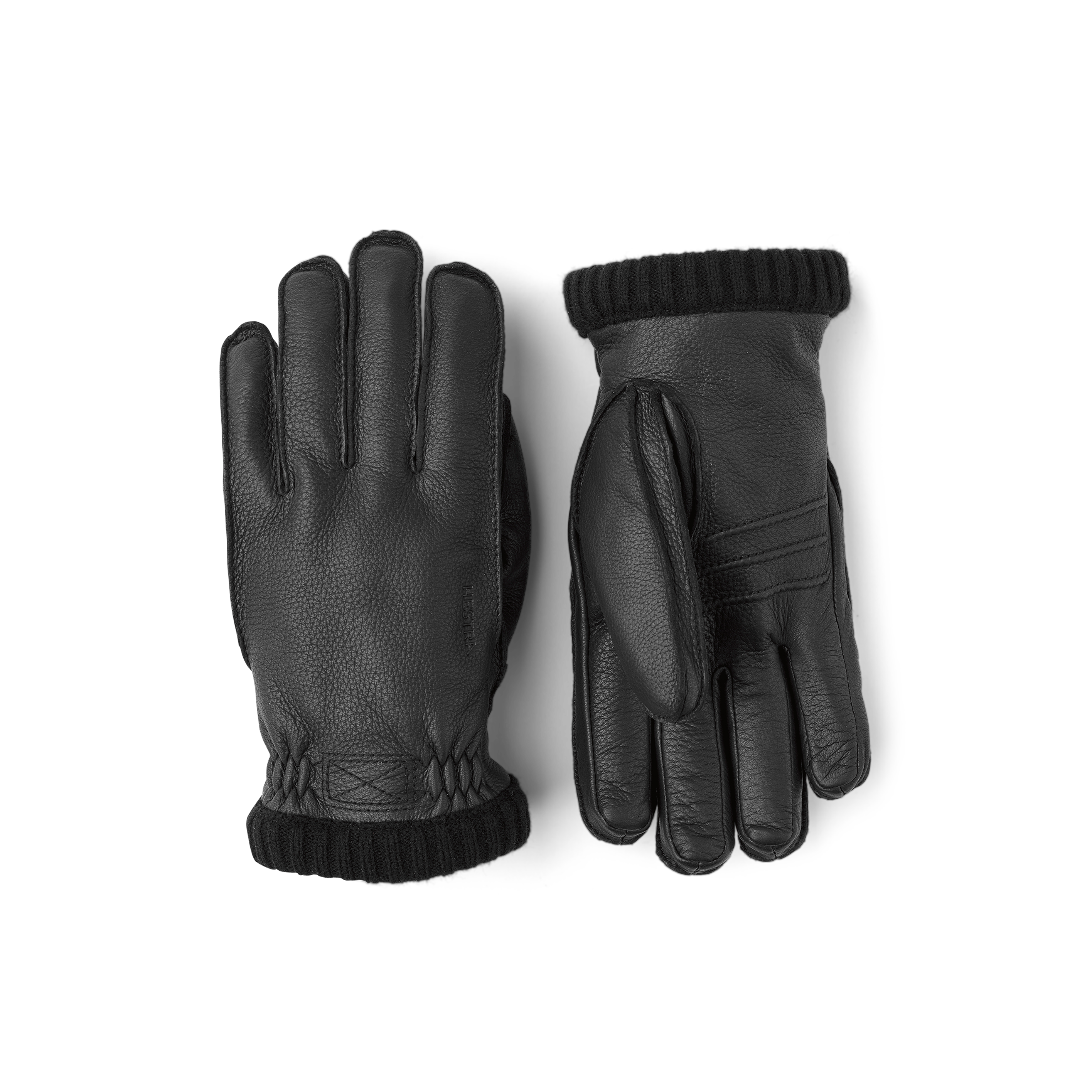 Schwarzer maschinengenähter Lederhandschuh aus Hirschleder mit Strickbündchen