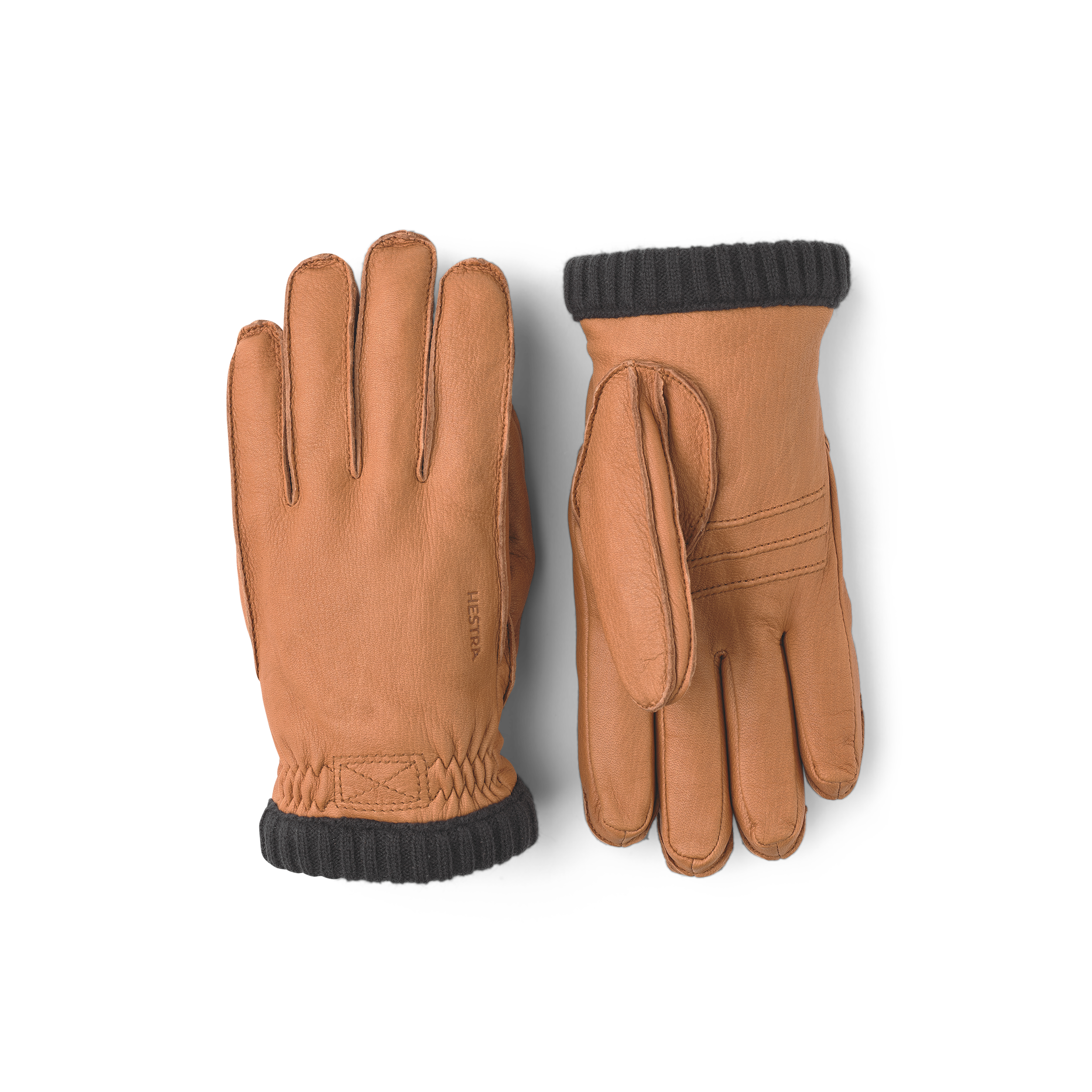 Hellbrauner maschinengenähter Lederhandschuh aus Hirschleder mit Strickbündchen