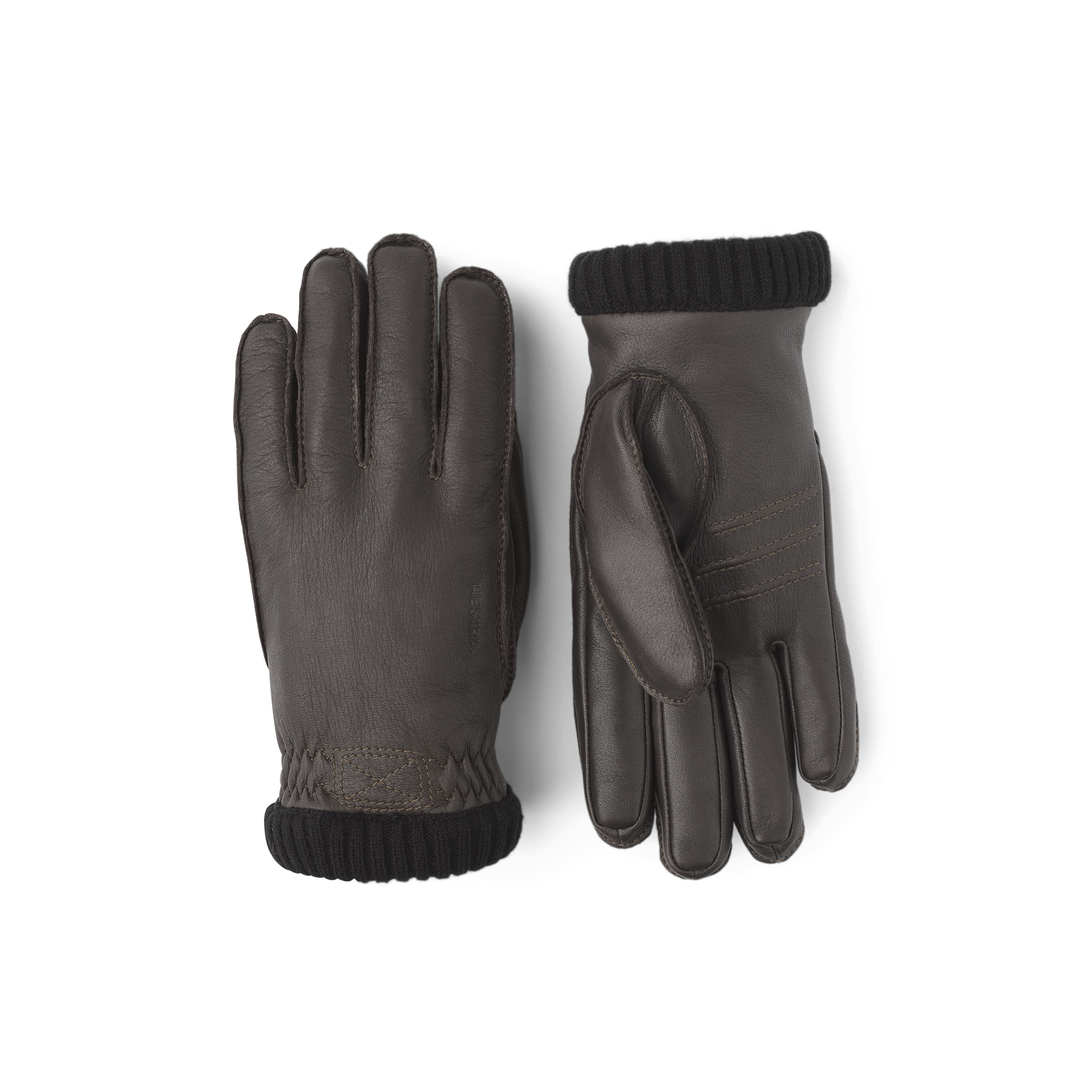 Dunkelbrauner maschinengenähter Lederhandschuh aus Hirschleder mit Strickbündchen