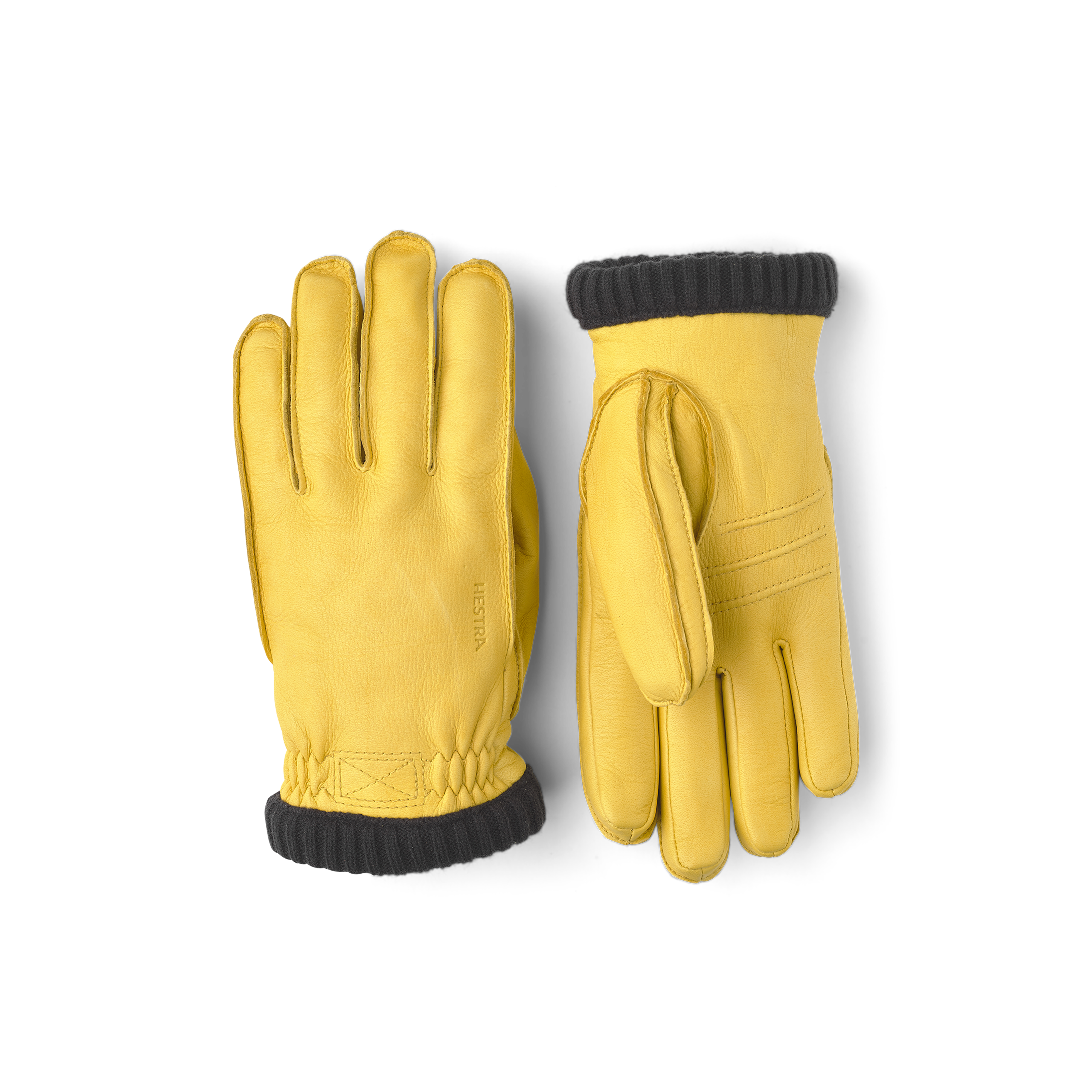 Gelber maschinengenähter Lederhandschuh aus Hirschleder mit Strickbündchen