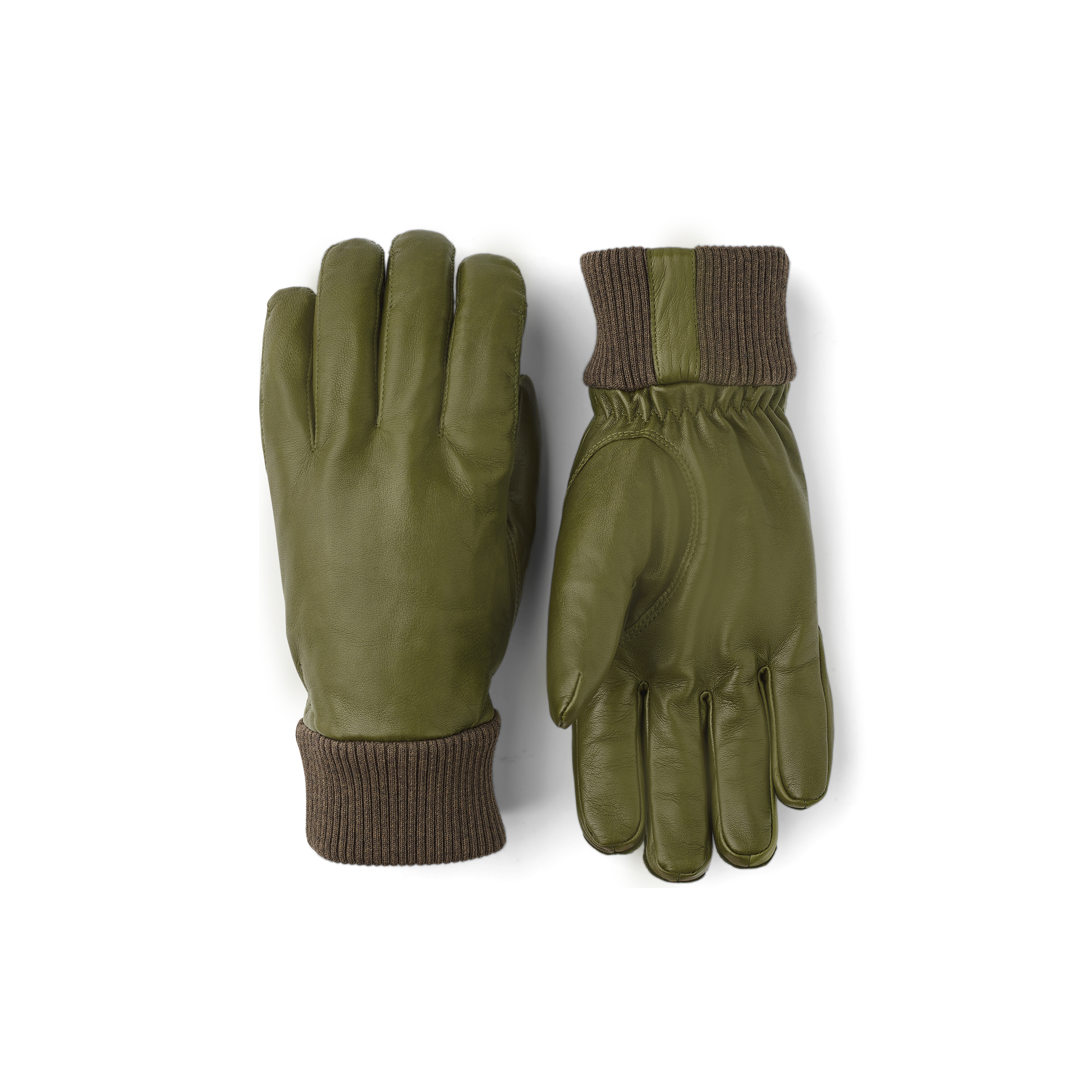 Moosgrüner maschinengenähter Handschuh aus Haarschafleder mit Strickbündchen