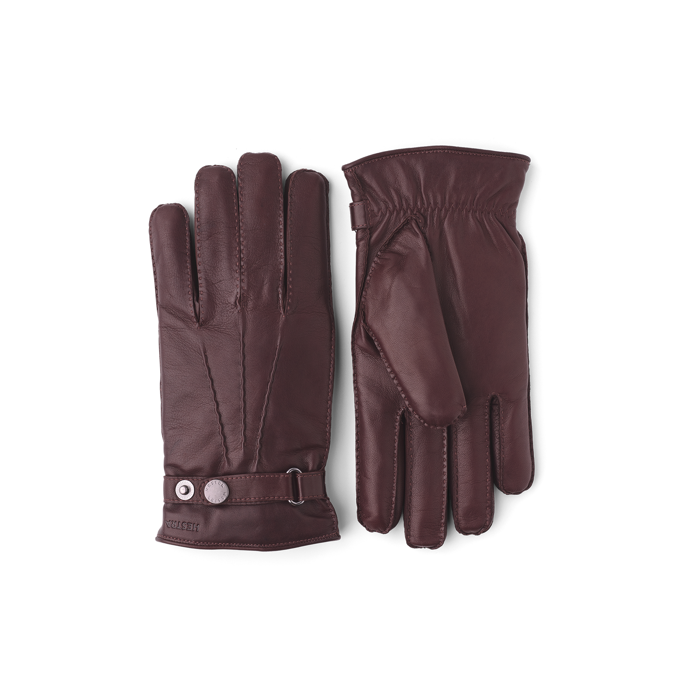 Brauner handgenähter Handschuh aus Haarschafleder mit Lederriegel und Knopf