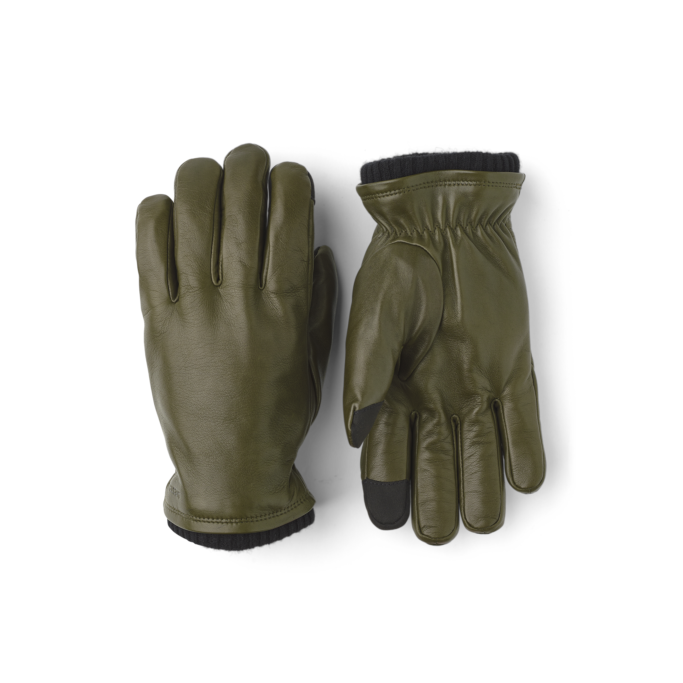 Moosgrüner maschinengenähter Lederhandschuh aus Haarschafleder mit Strickbündchen