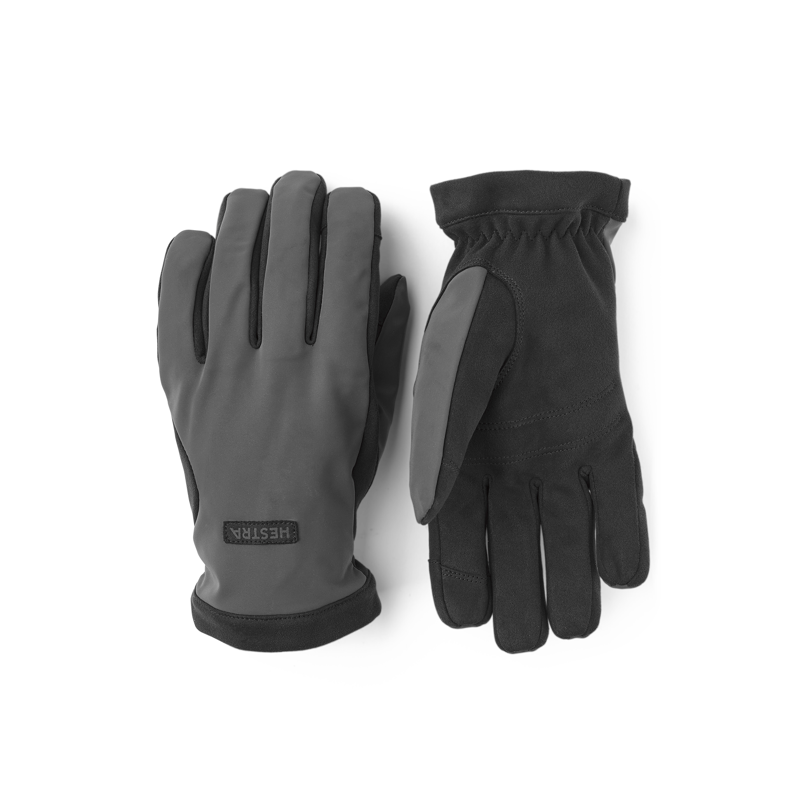 Handschuh mit Oberhand aus grauem reflektierendem Material und Innenhand aus schwarzem Gewebe