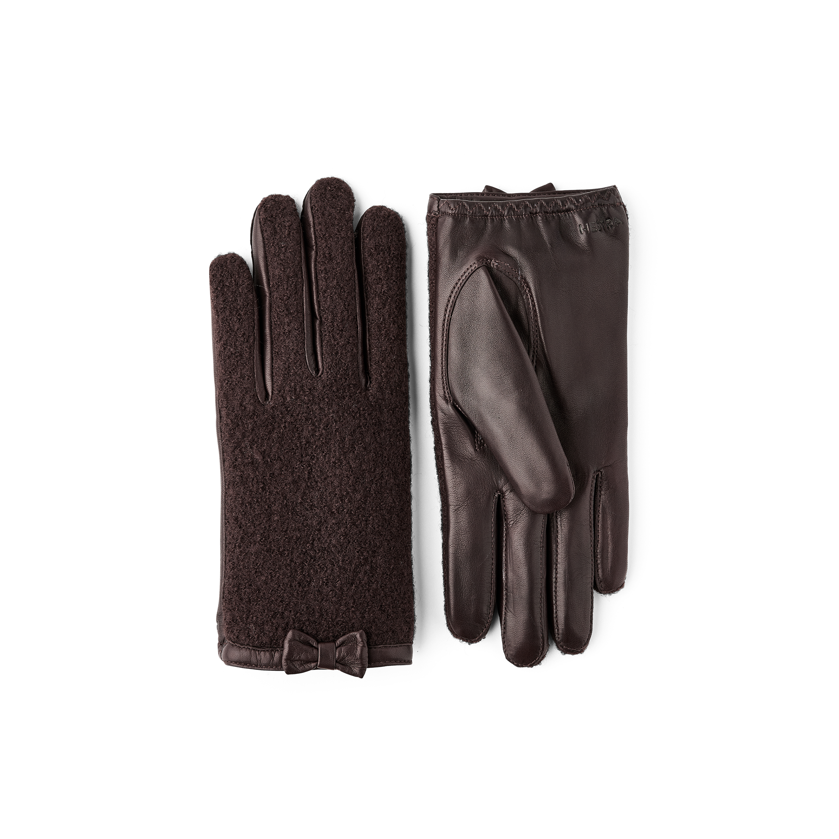 Dunkelbrauner Lederhandschuh aus Haarschafleder mit Bouclé-Strick auf der Oberhand und kleiner Schleife