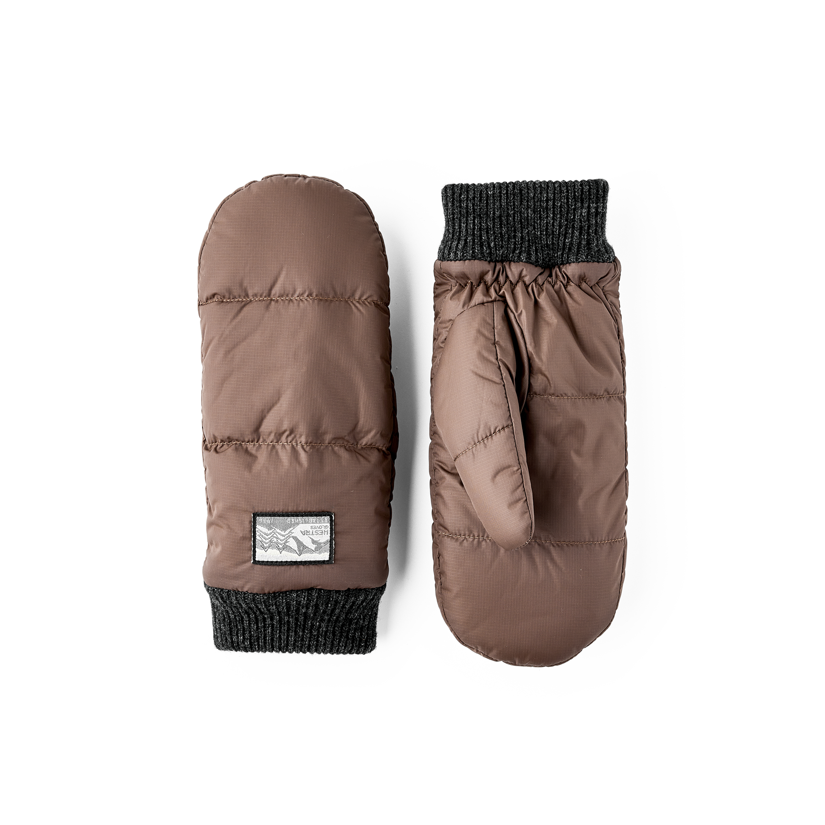 Brauner Fausthandschuh aus Stoff mit dunkelgrauem Strickbündchen