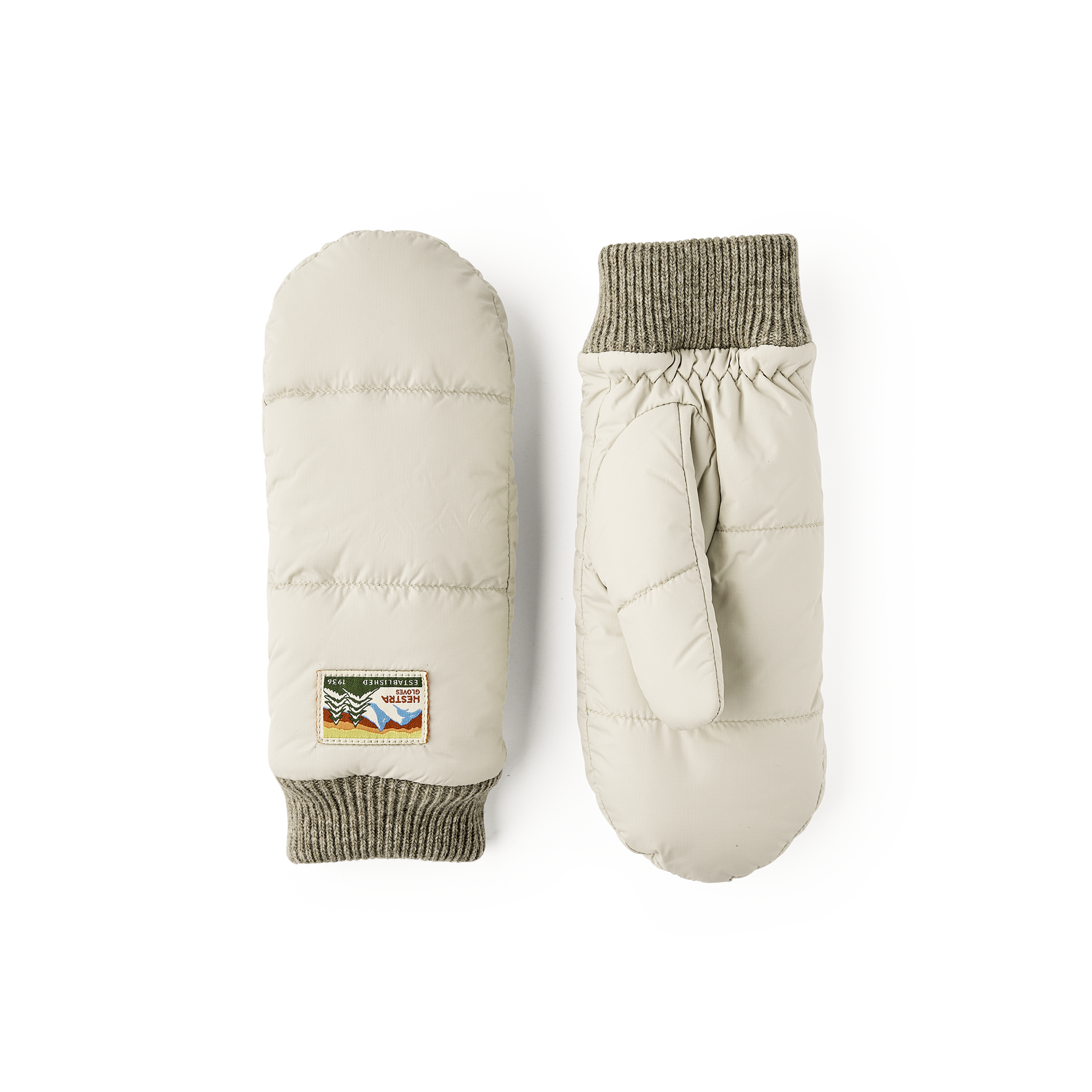 Hellbeiger Fausthandschuh aus Stoff mit hellgrauem Strickbündchen