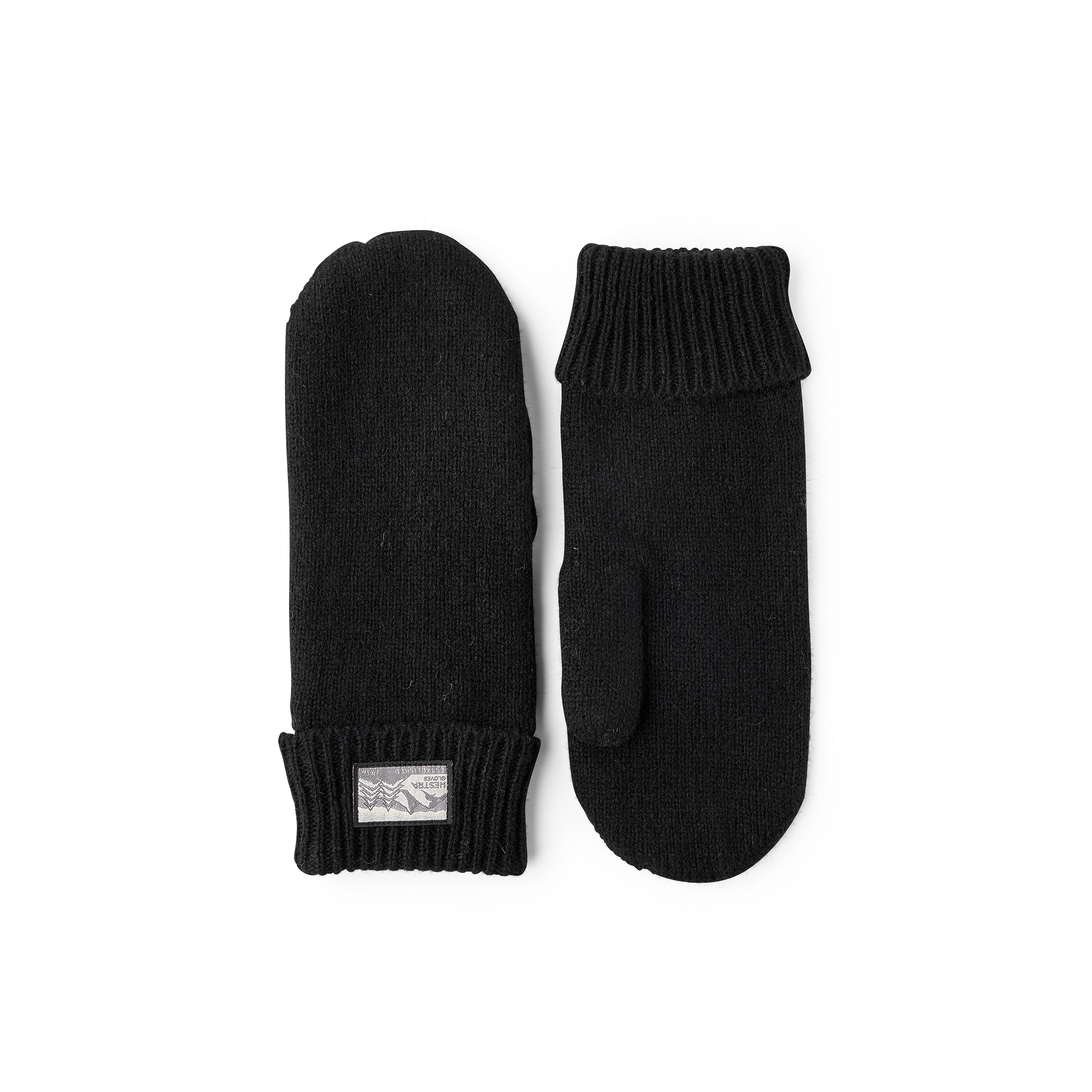 Black mitten in mottled wool yarn