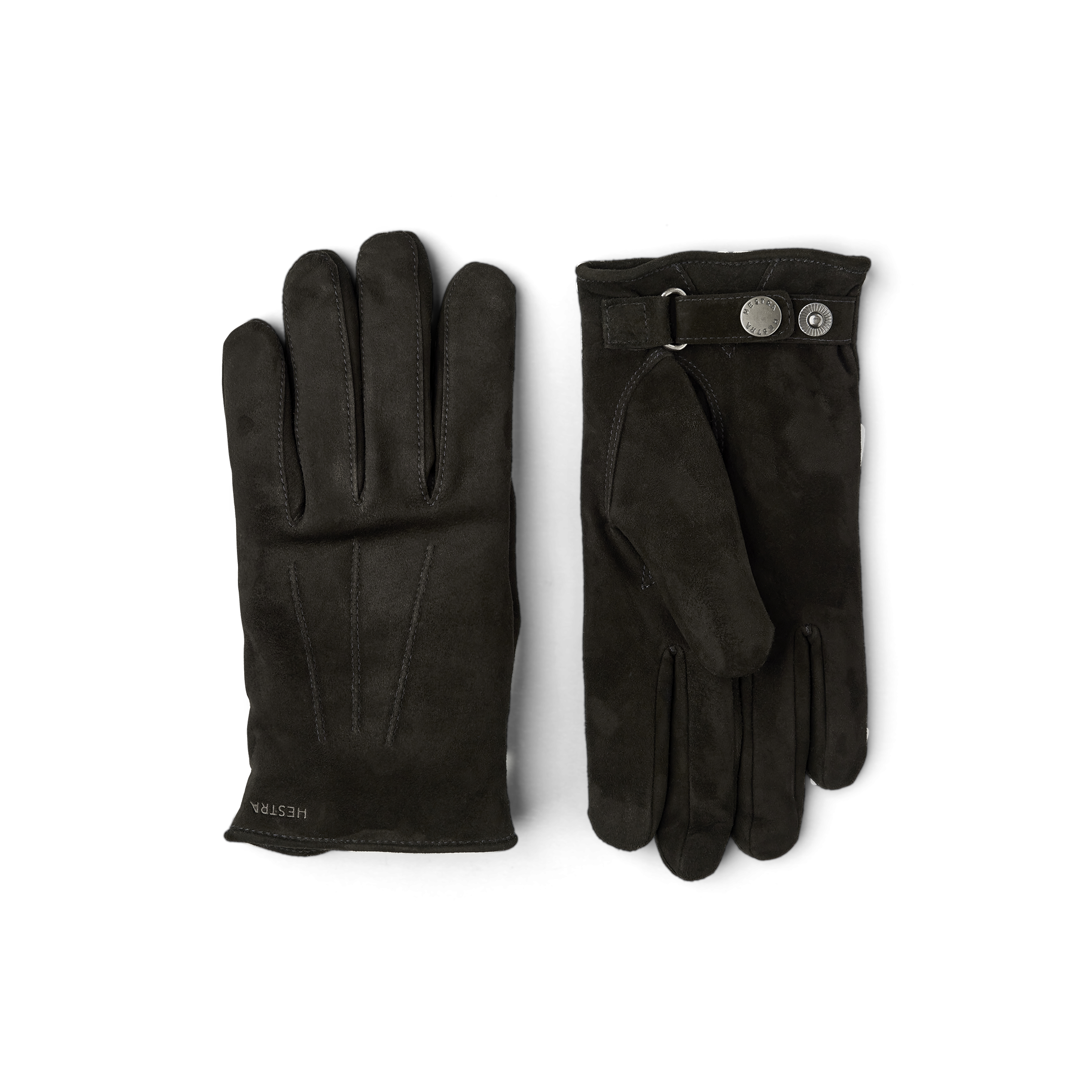 Schwarzer maschinengenähter Handschuh aus Wildleder mit Lederriegel und Knopf