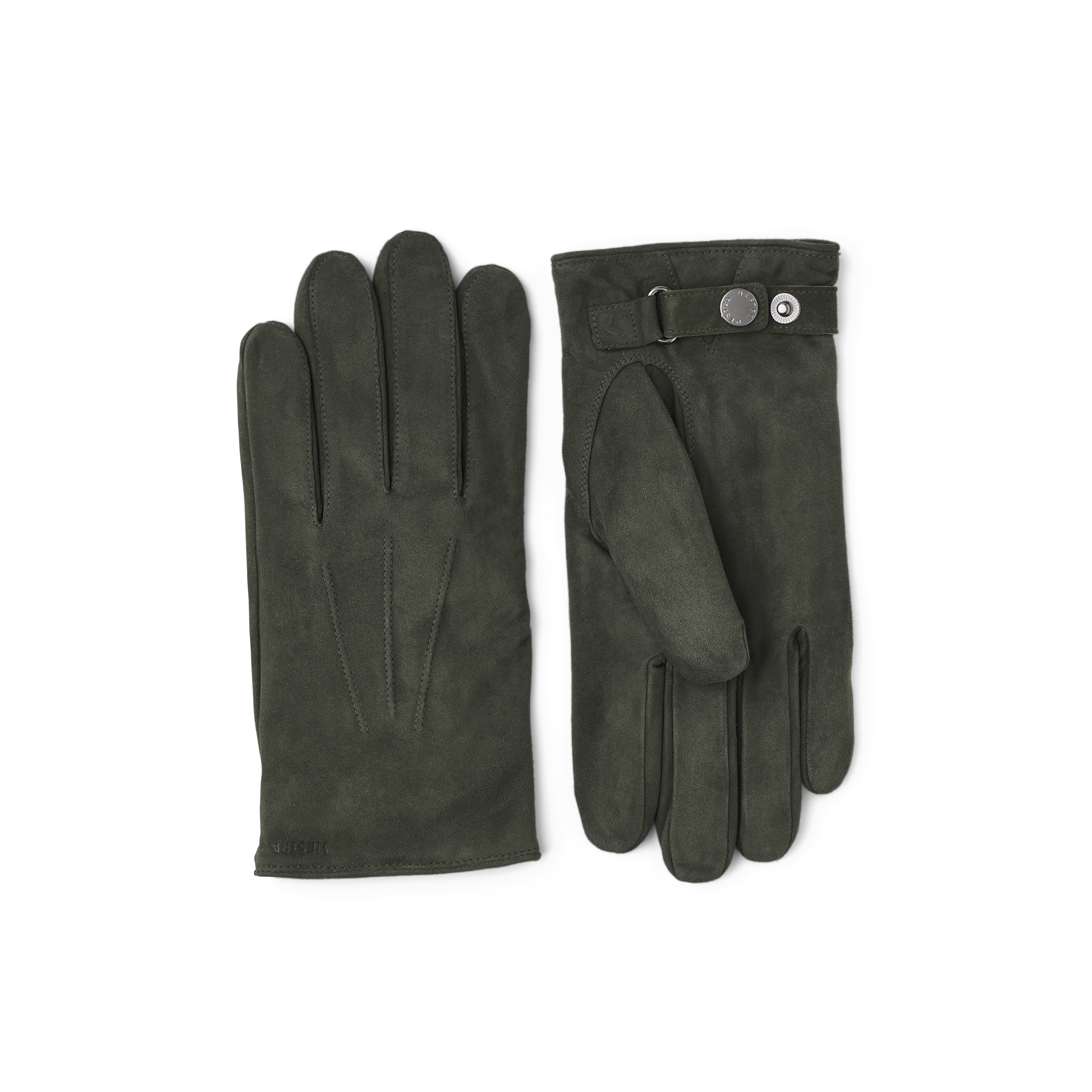 Dunkelgrüner maschinengenähter Handschuh aus Wildleder mit Lederriegel und Knopf