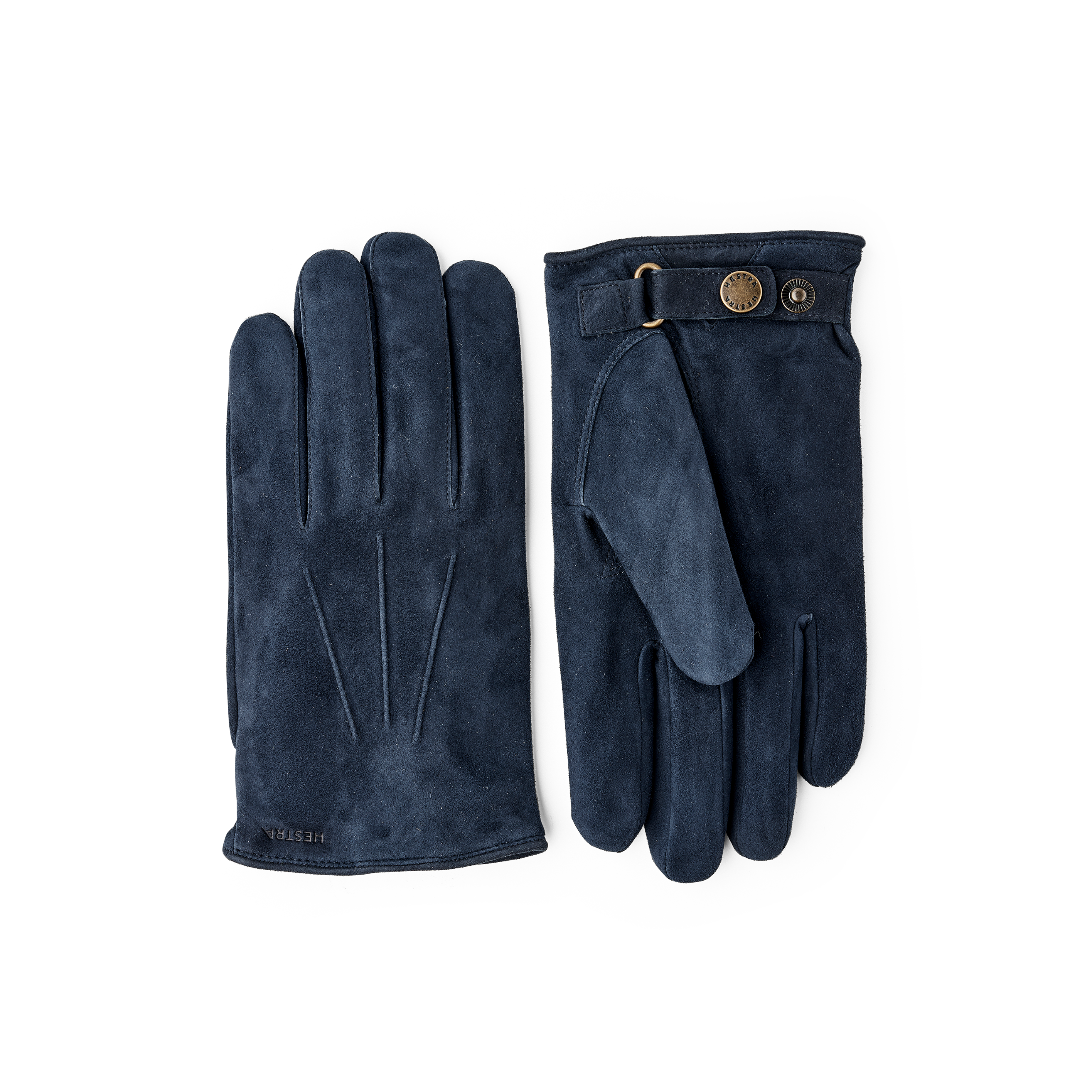 Dunkelblauer maschinengenähter Handschuh aus Wildleder mit Lederriegel und Knopf