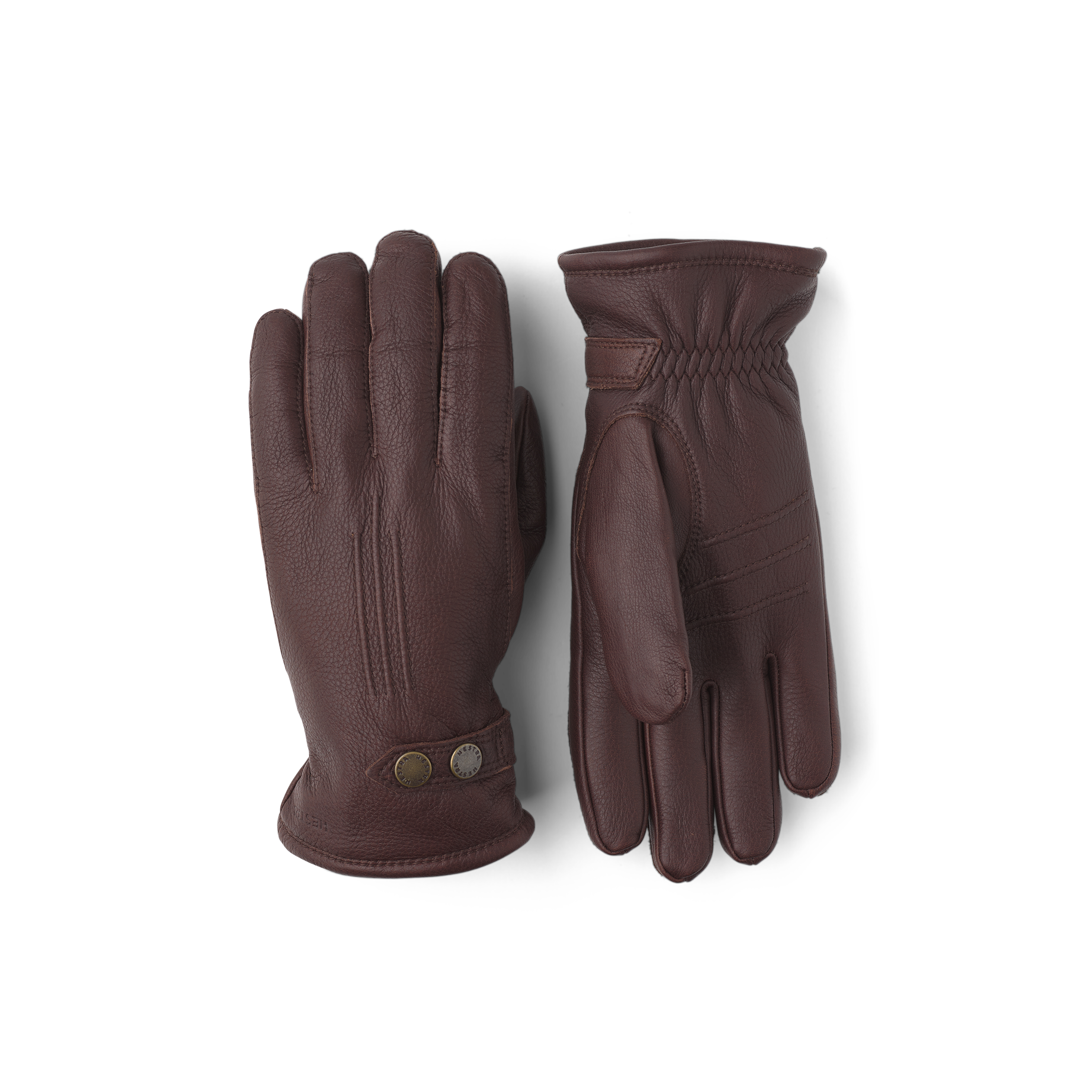 Dunkelbrauner maschinengenähter Handschuh aus Elchleder mit Lederriegel und Knopf