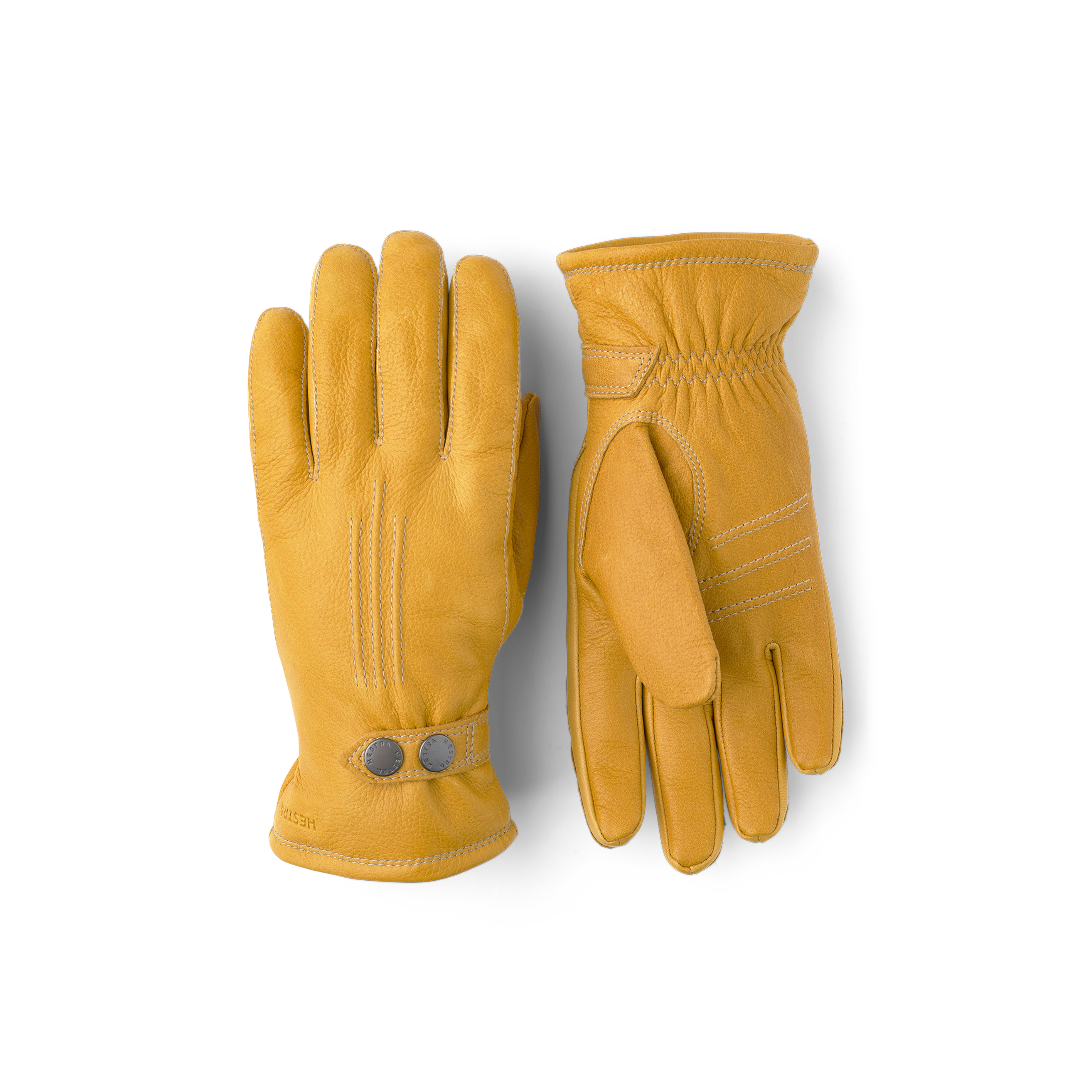 Gelber maschinengenähter Handschuh aus Elchleder mit Lederriegel und Knopf