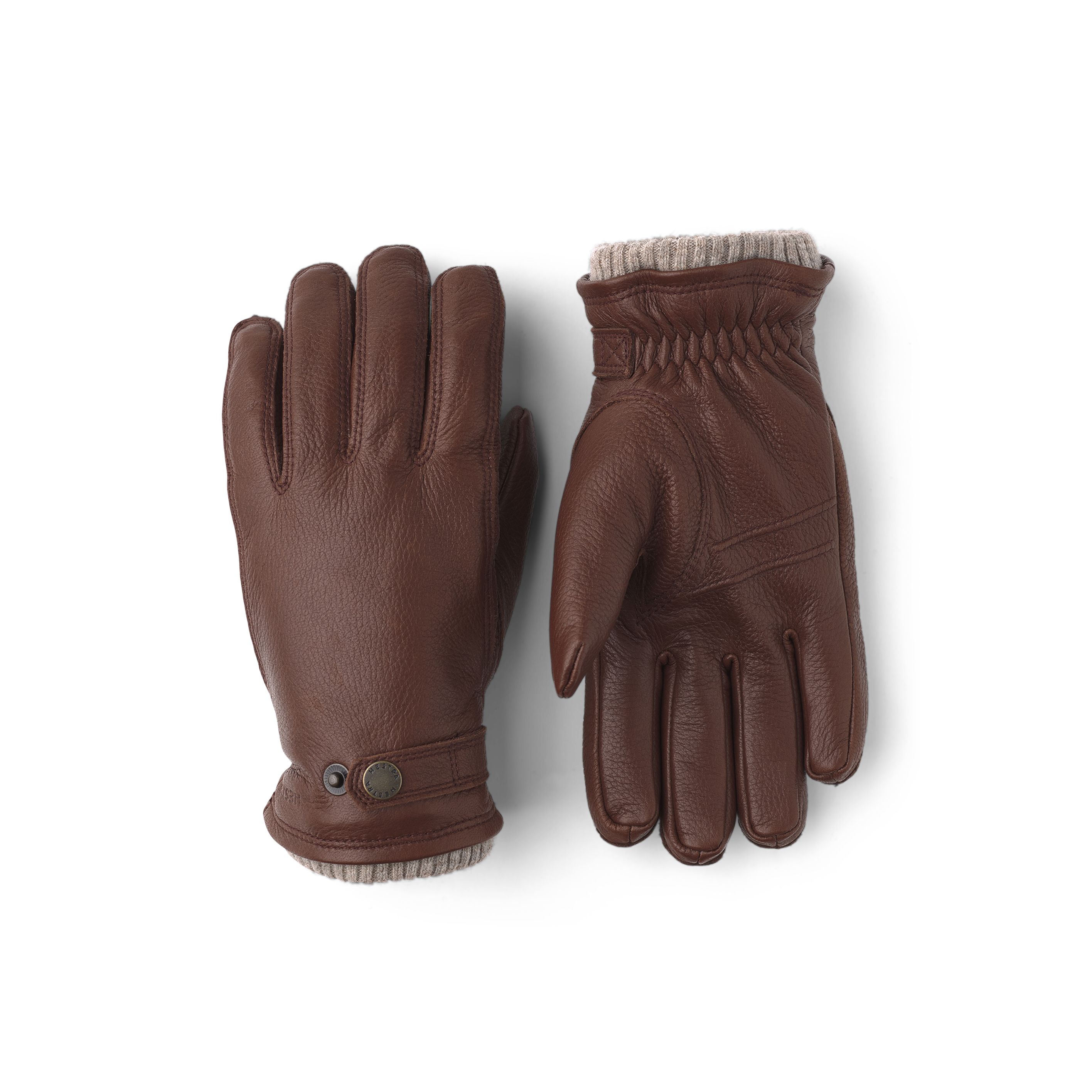 Brown machine-sewn elk leather glove with leather strap and button