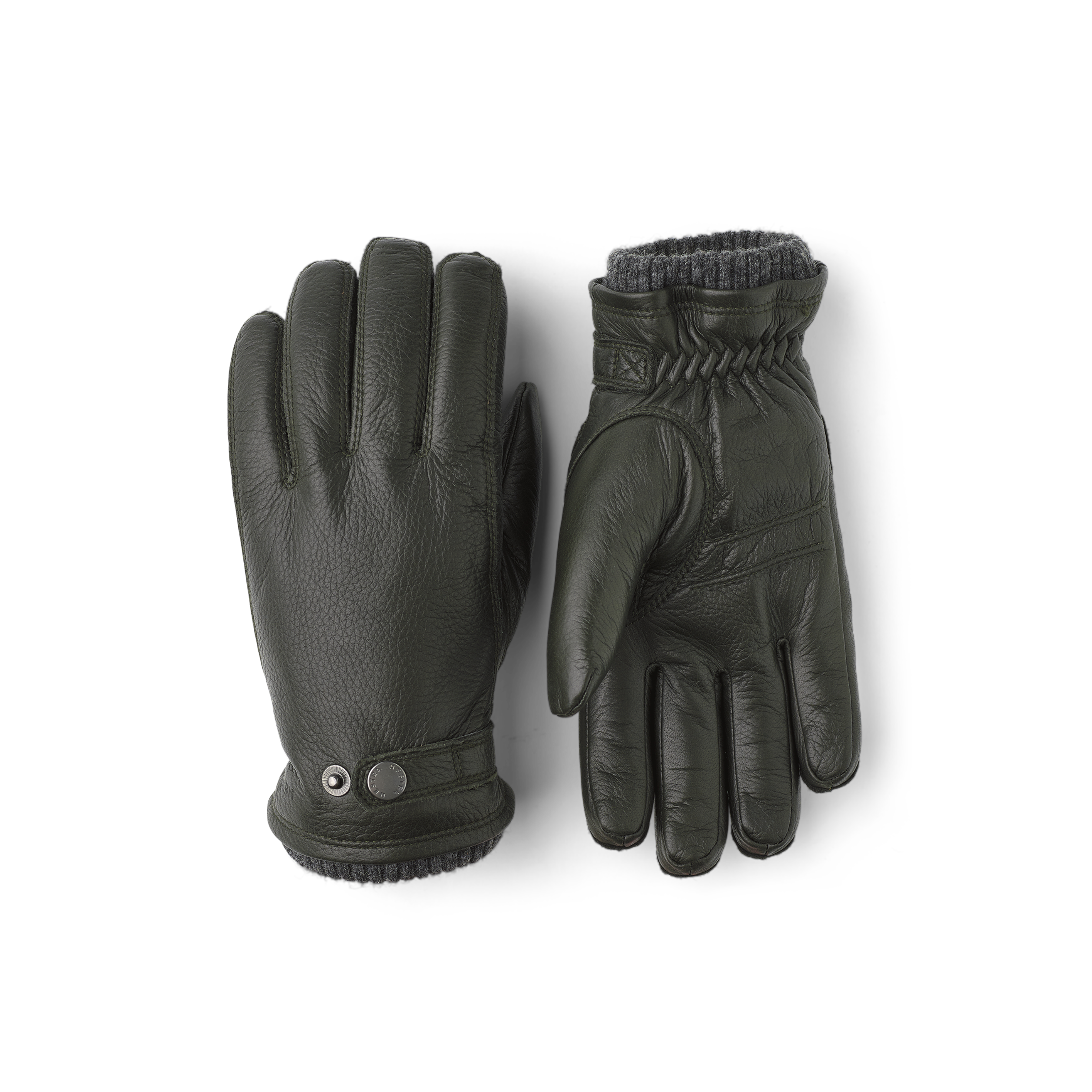 Dunkelgrüner maschinengenähter Handschuh aus Elchleder mit Lederriegel und Knopf