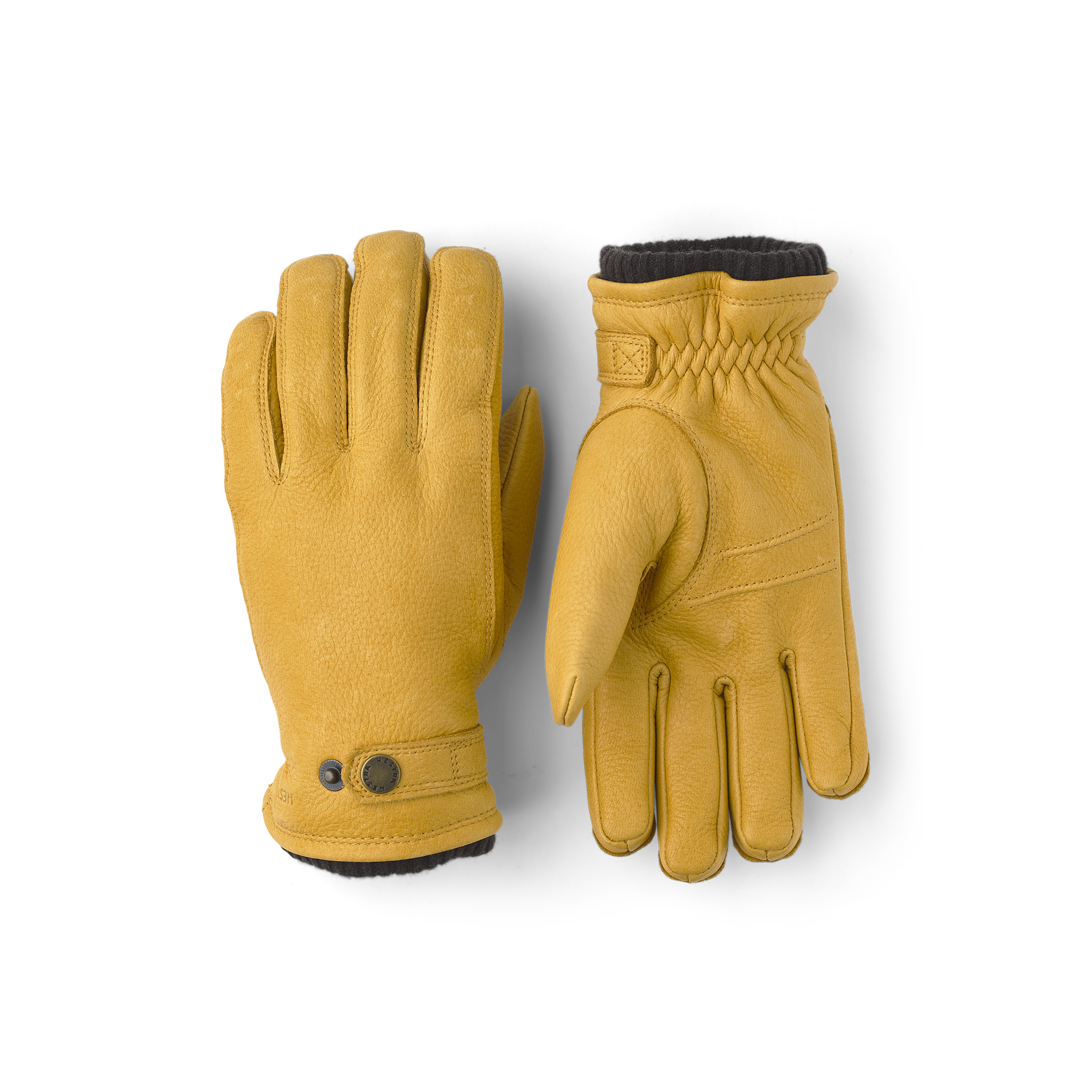 Gelber maschinengenähter Handschuh aus Elchleder mit Lederriegel und Knopf