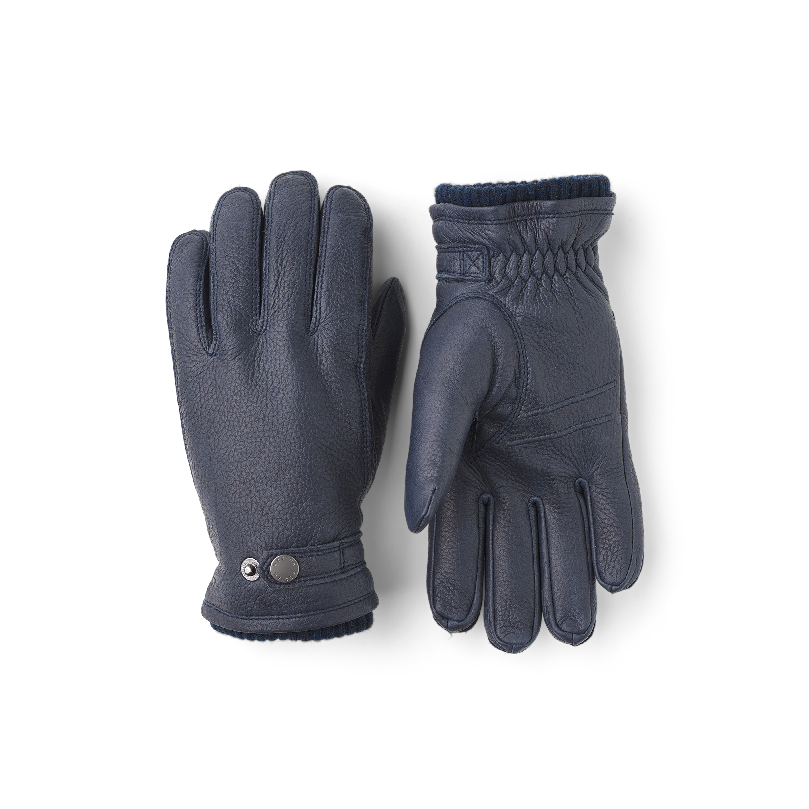 Dunkelblauer maschinengenähter Handschuh aus Elchleder mit Lederriegel und Knopf