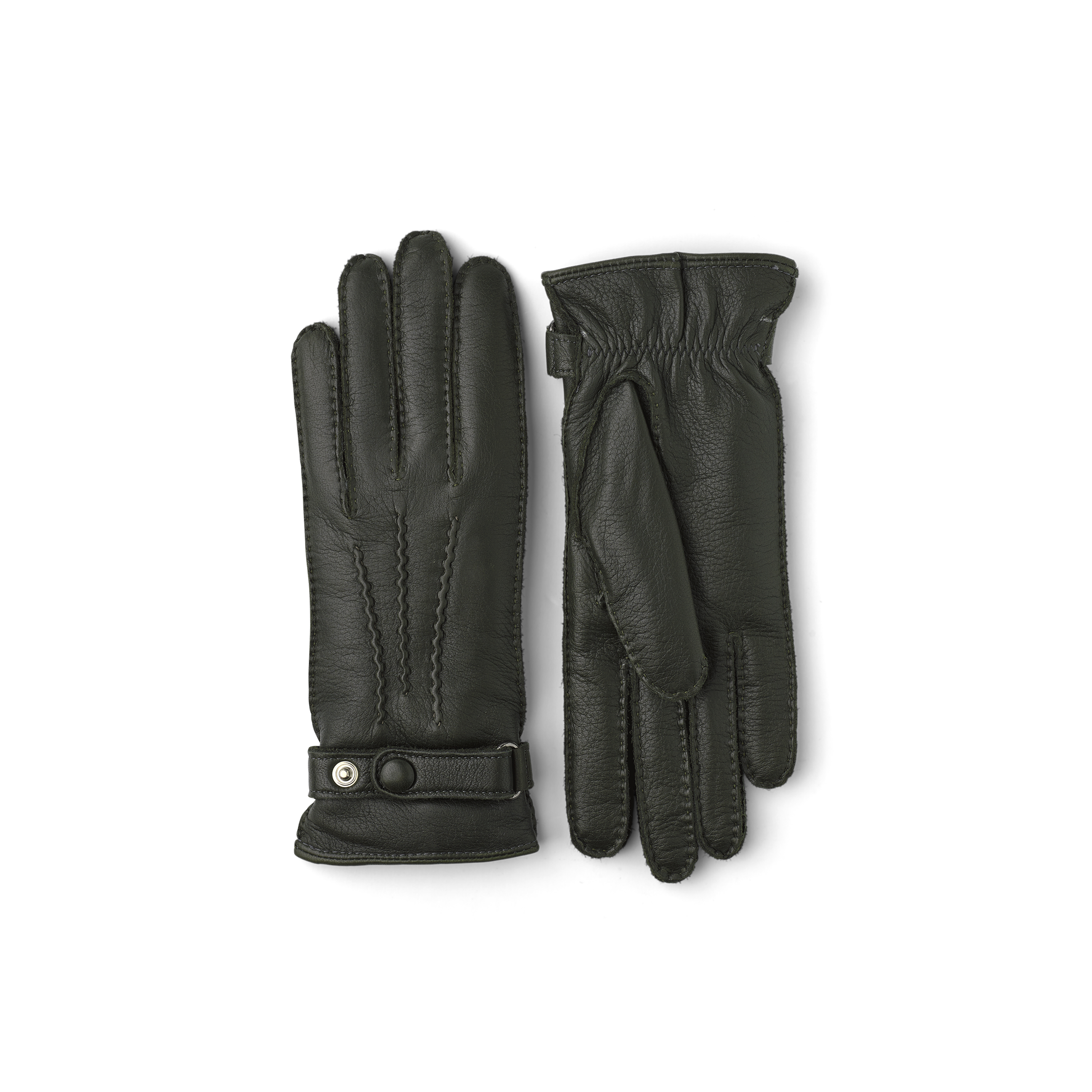Dunkelgrüner handgenähter Handschuh aus Elchleder mit Lederriegel und Knopf