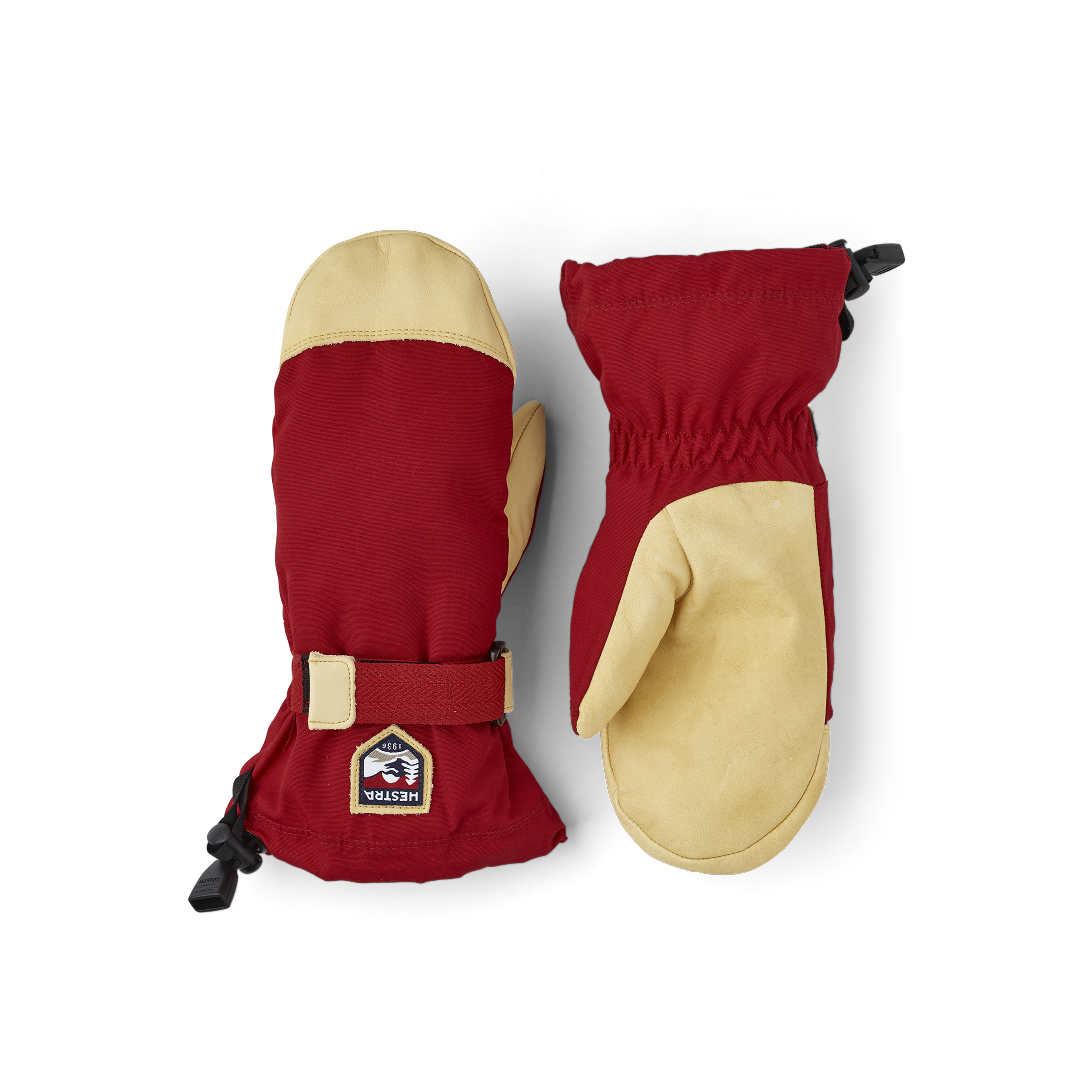 Roter Fausthandschuh aus Stoff mit hellgelbem Rindsleder