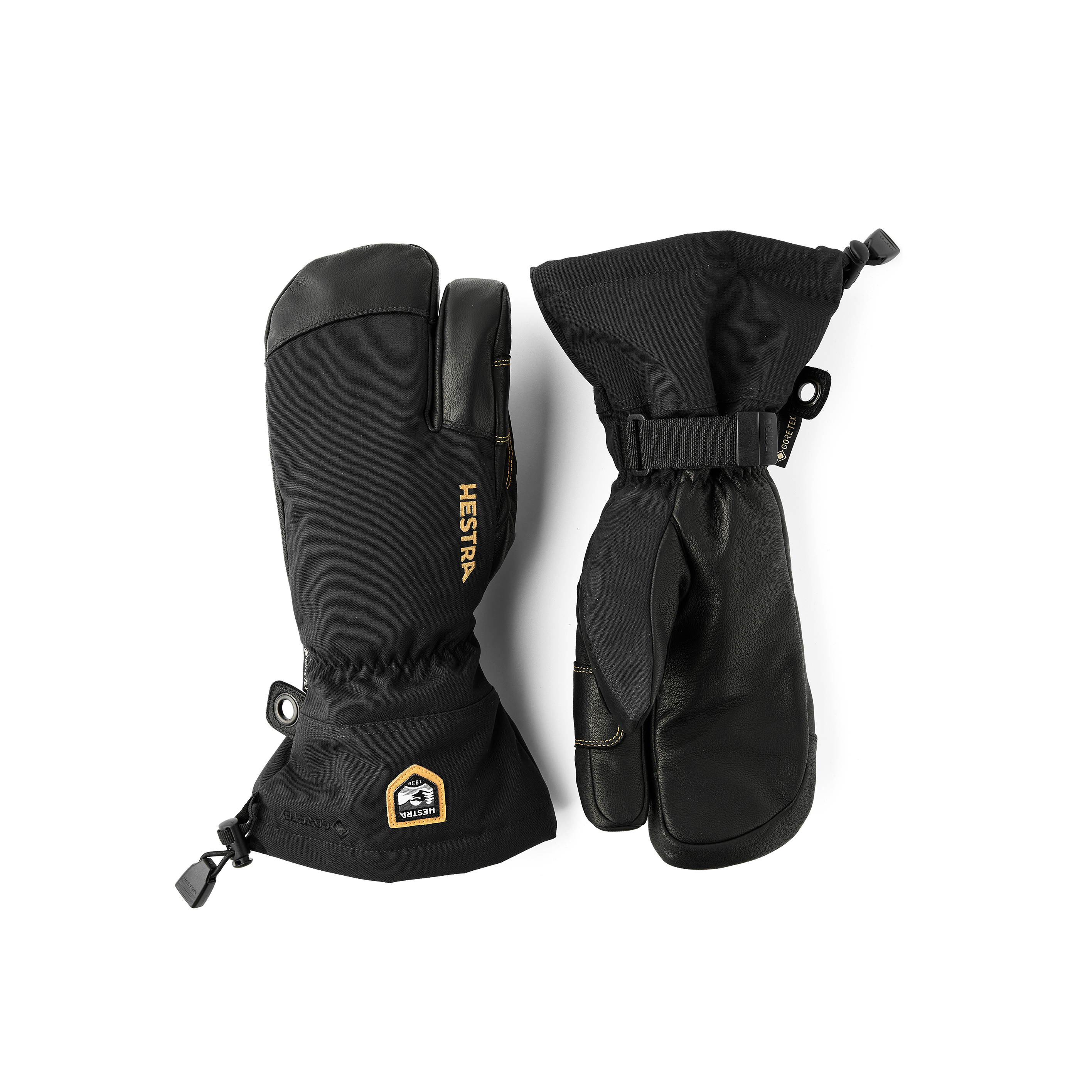 Schwarzer Dreifingerhandschuh mit schwarzem Ziegenleder an der Innenhand und verstellbarem Handgelenkverschluss