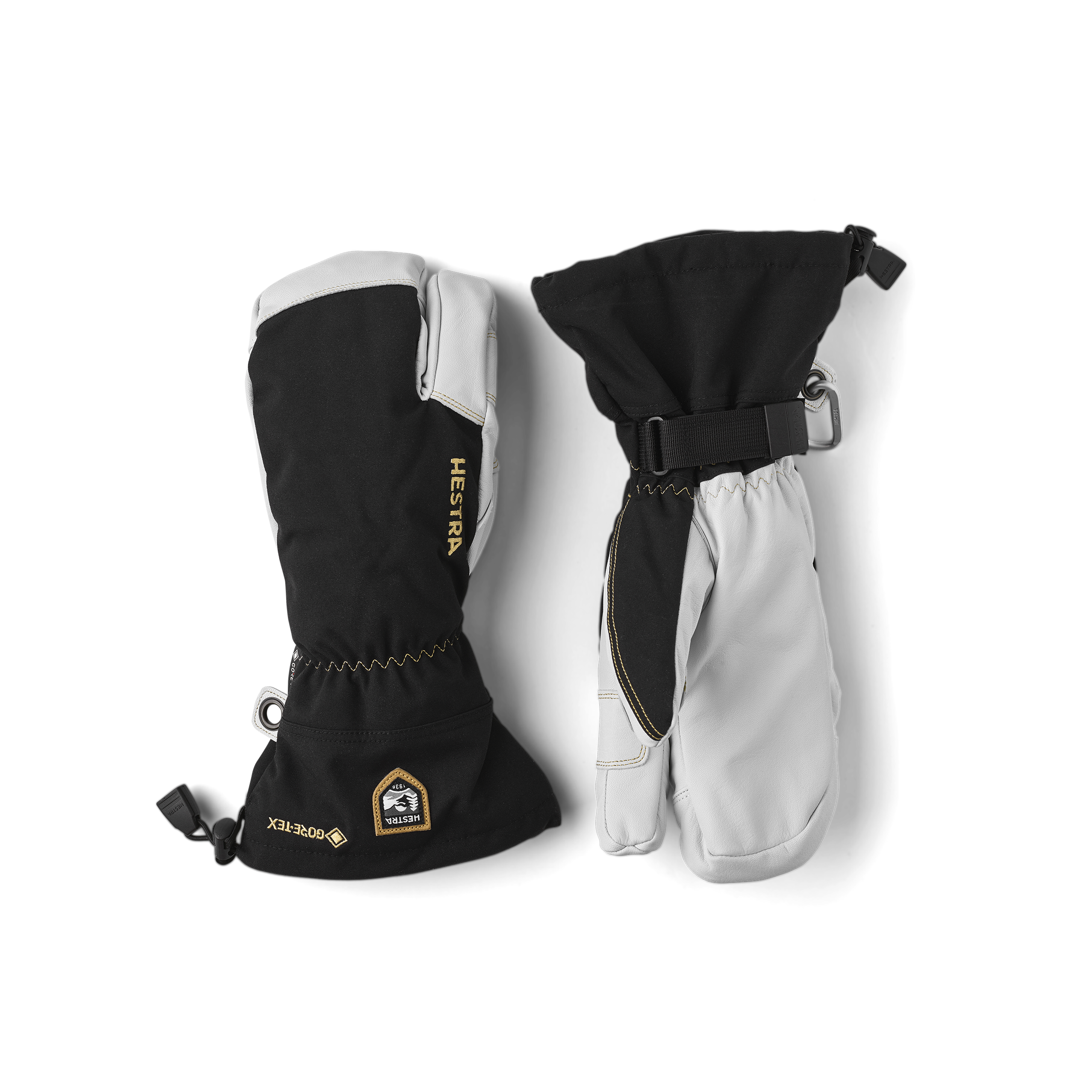 Schwarzer Dreifingerhandschuh mit weißem Ziegenleder an der Innenhand und verstellbarem Handgelenkverschluss