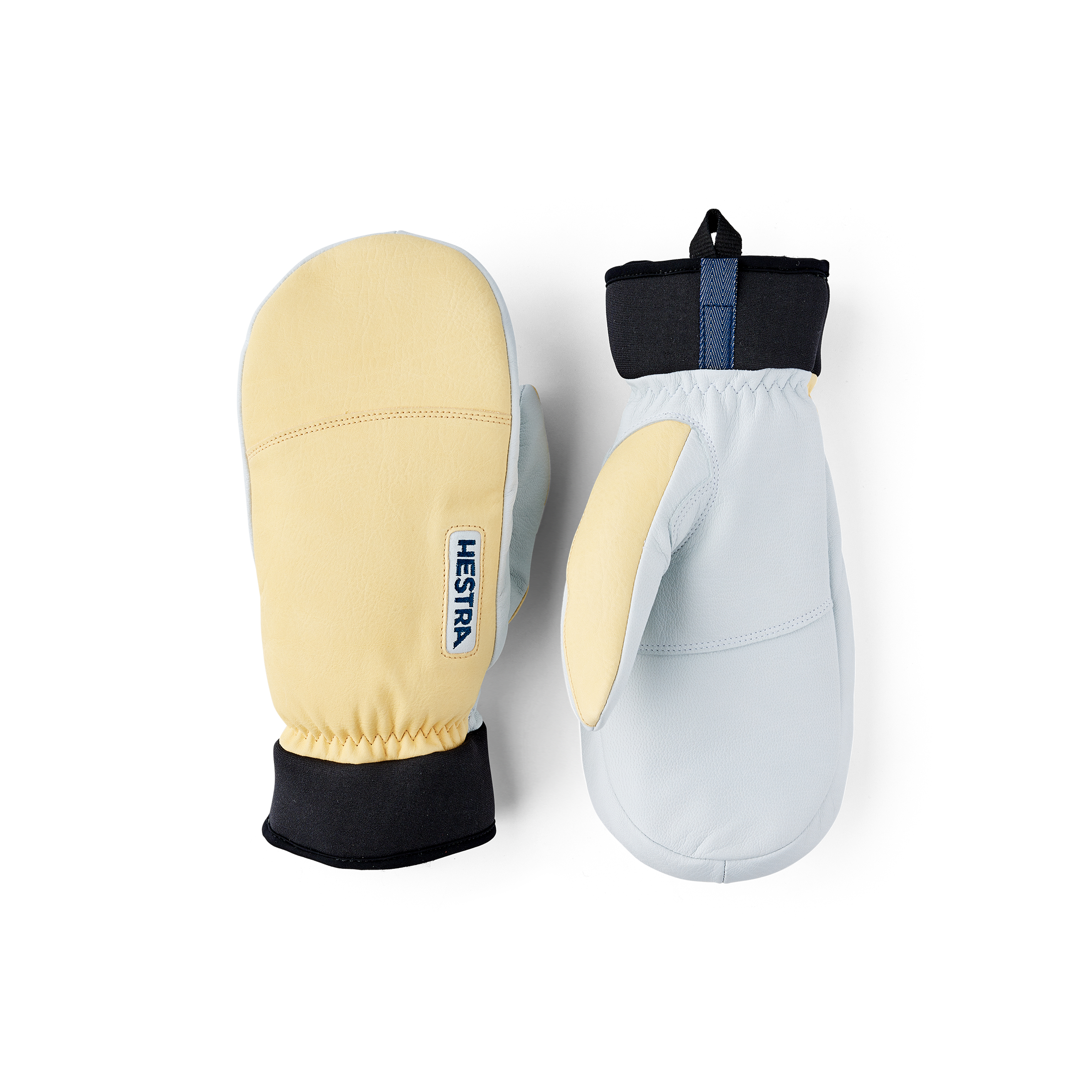 Hellgelber Fausthandschuh aus Ziegenleder und Rindsleder mit weißer Innenhand