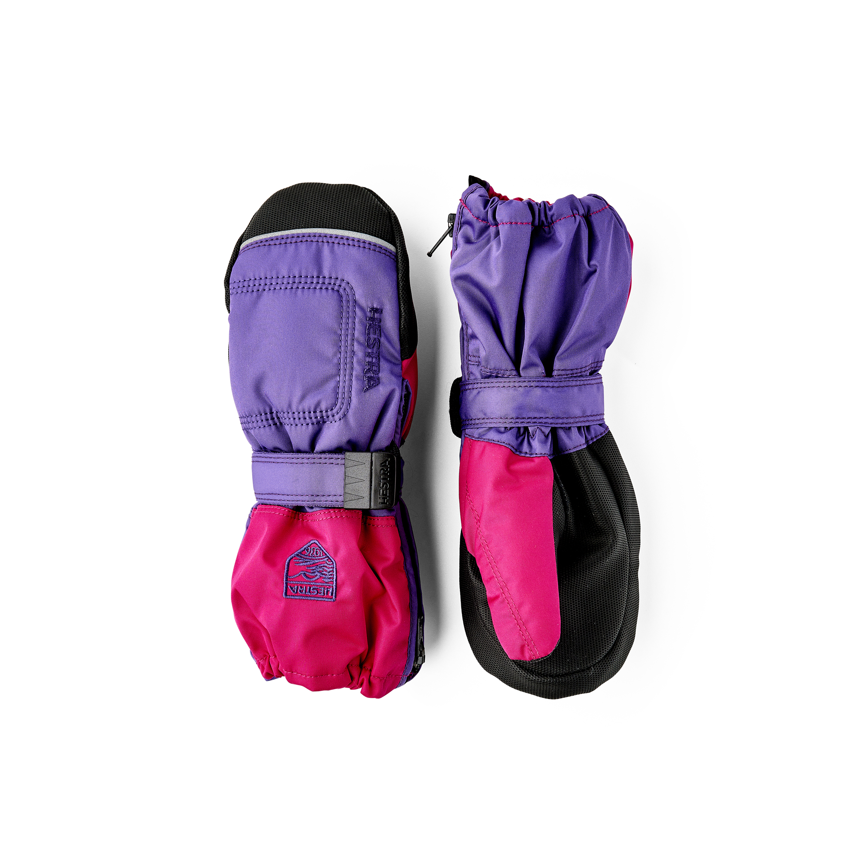 Lila-pinker Fausthandschuh aus Stoff mit schwarzer Innenhand und verstellbarem Handgelenkverschluss