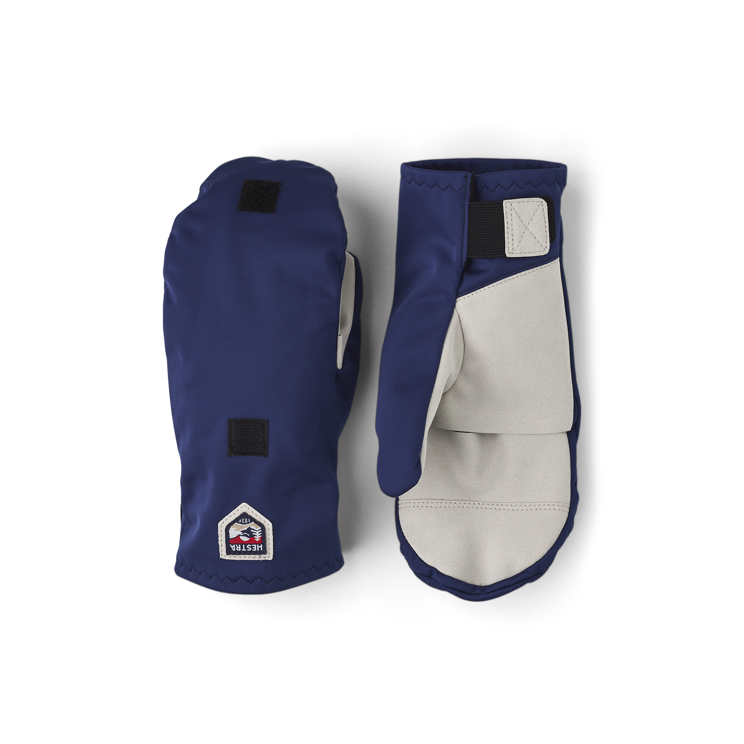 Dunkelblauer Überziehfäustling aus Stoff mit grauer Innenhand aus synthetischem Wildleder