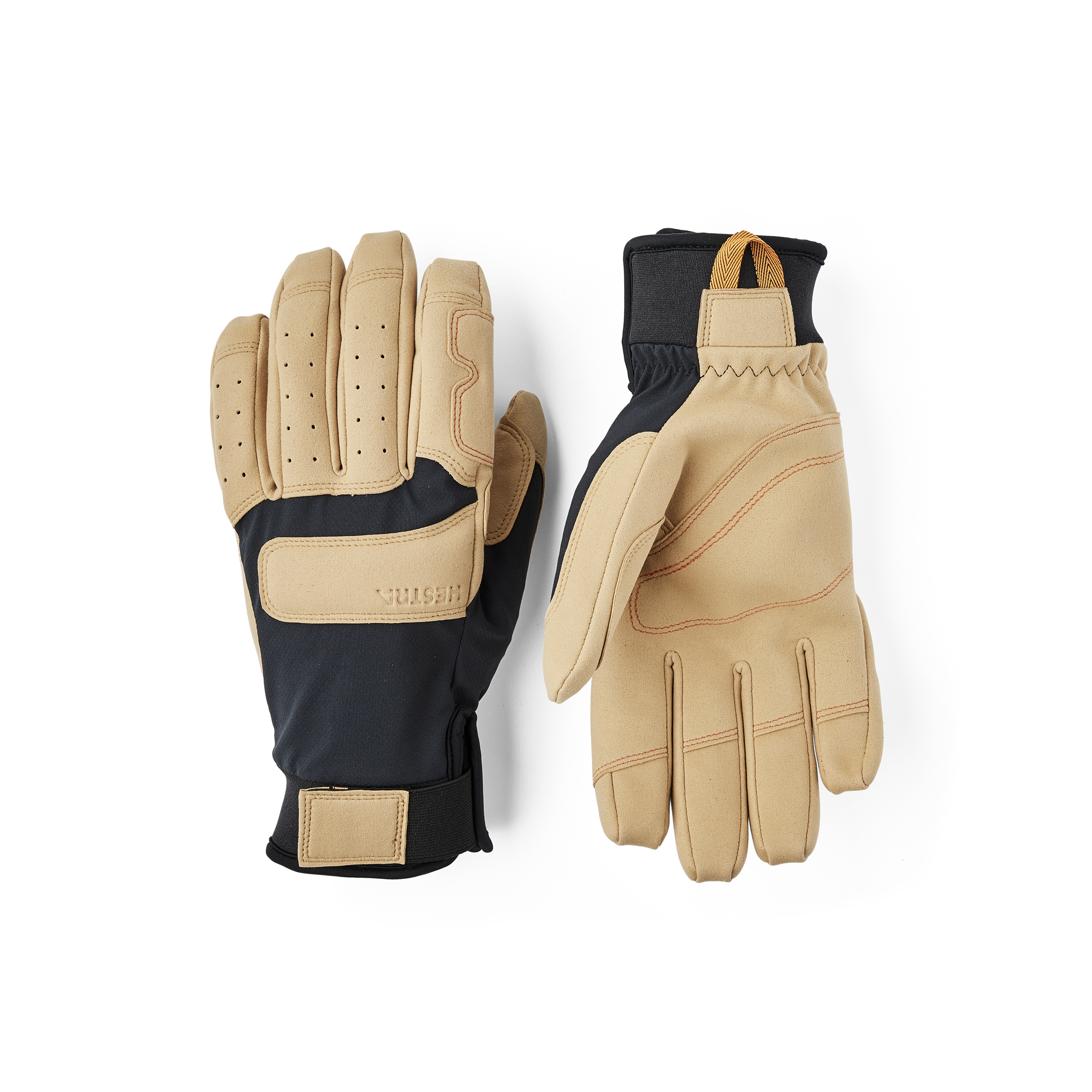 Schwarz-hellbrauner Kletterhandschuh aus Neopren mit hellbrauner Innenhand aus synthetischem Wildleder