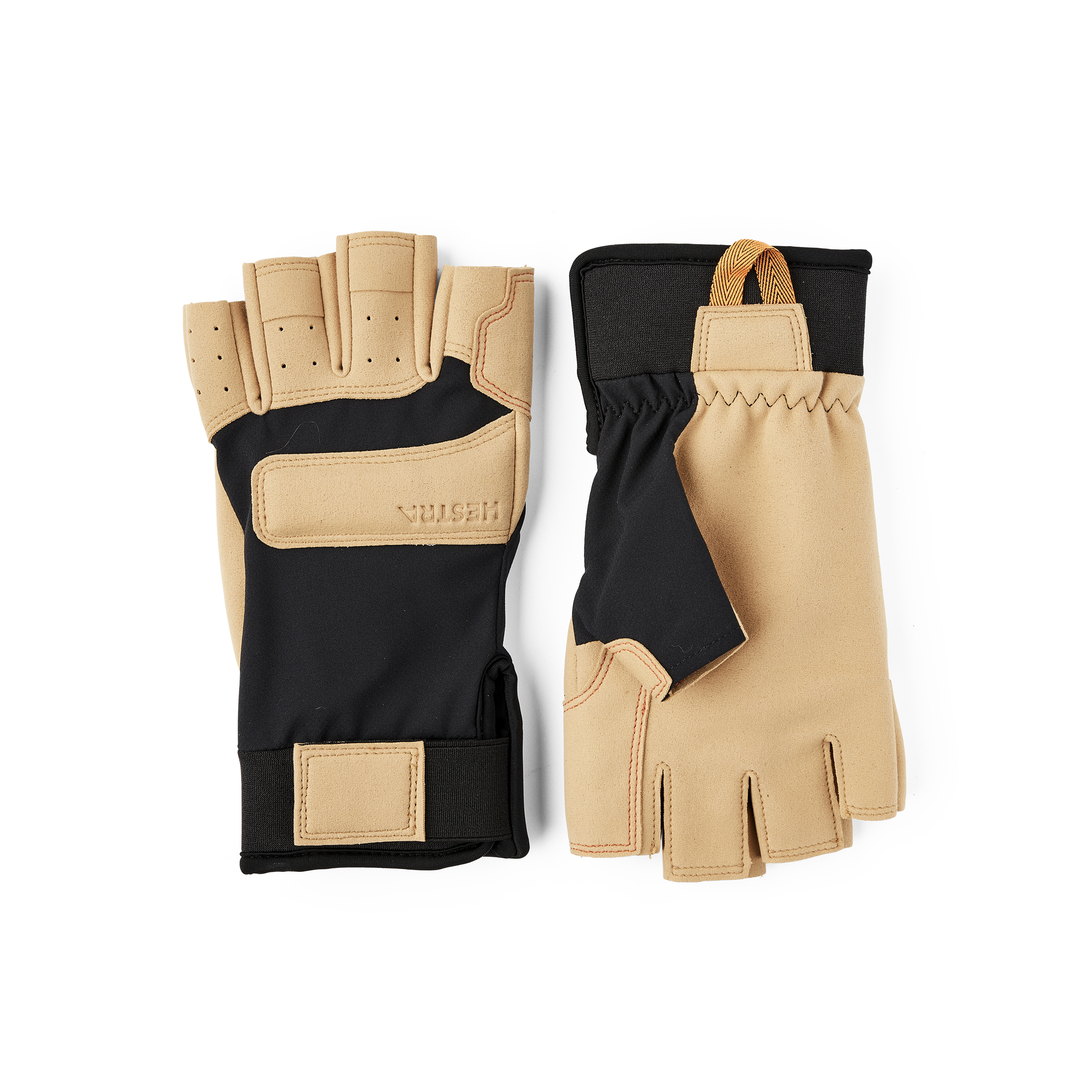 Schwarz-hellbrauner Kurzfingerhandschuh aus Stoff und synthetischem Wildleder