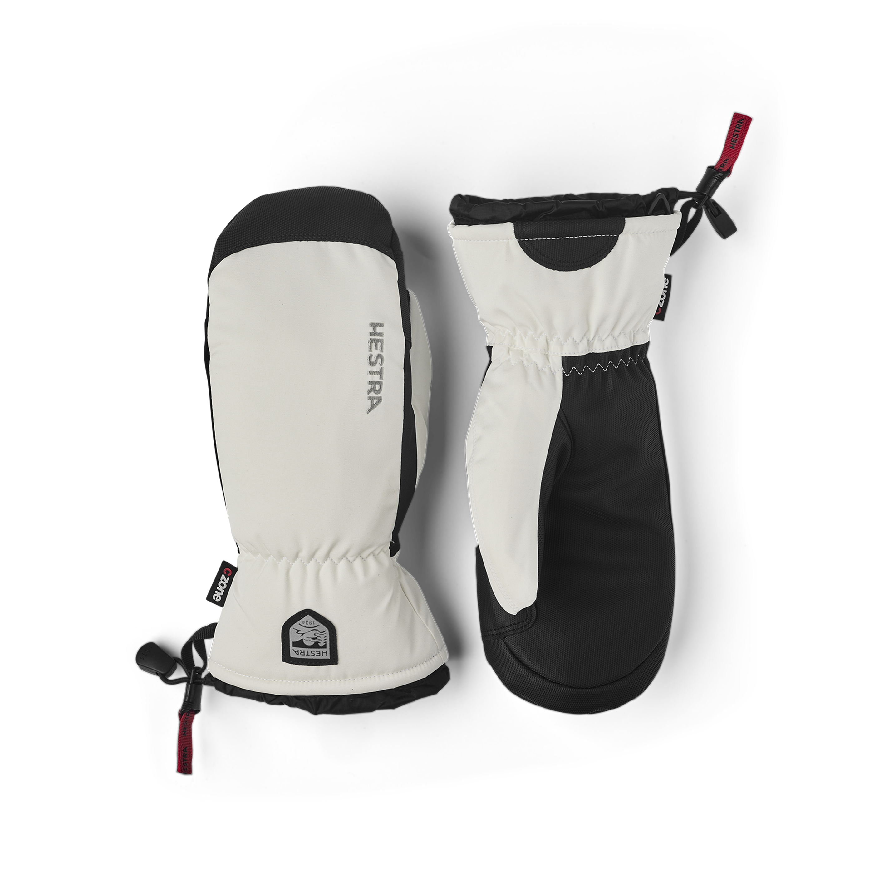 Weißer Fausthandschuh aus Stoff mit schwarzer Innenhand aus Synthetikmaterial