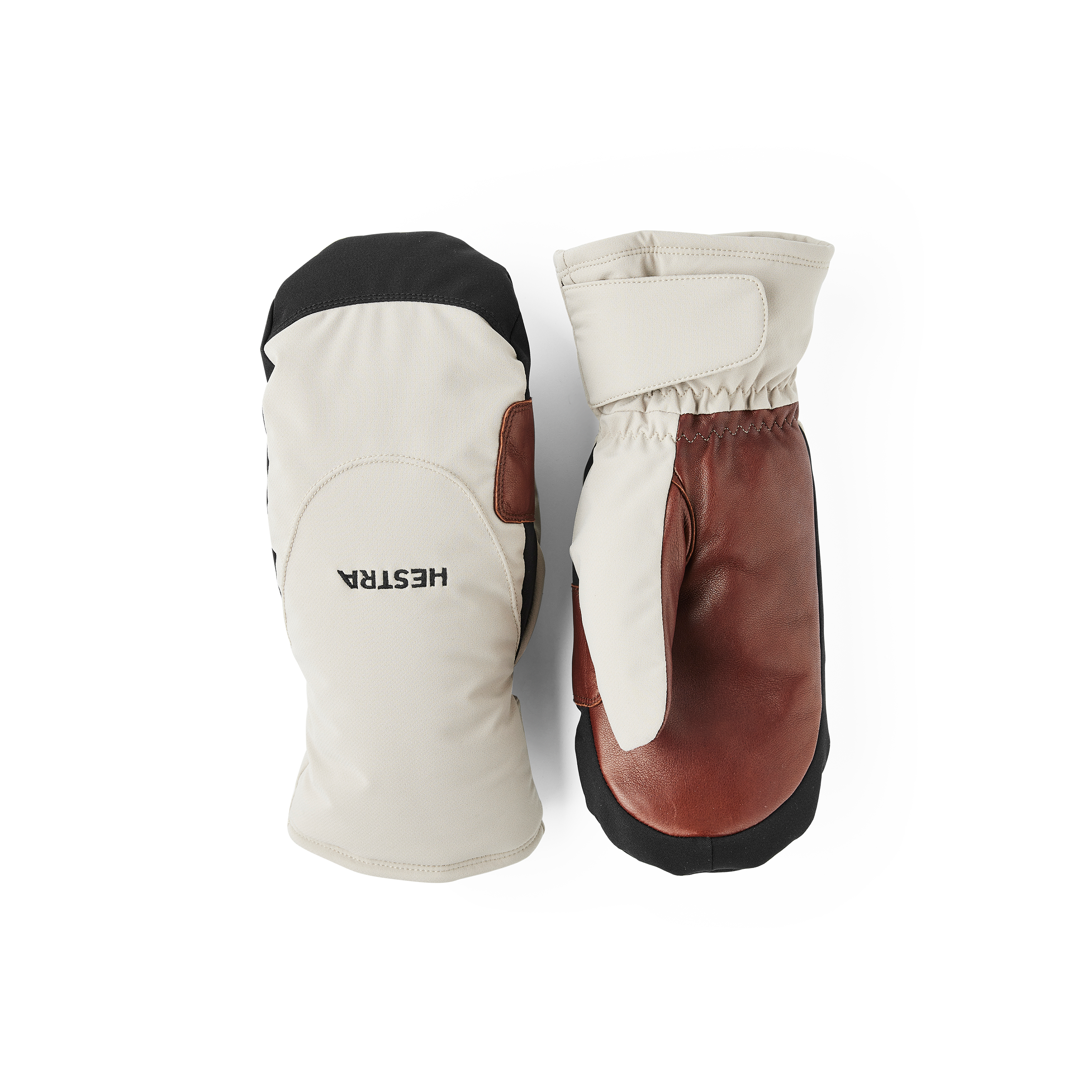 Beiger Fausthandschuh aus Stoff mit dunkelbraunem Haarschafleder an der Innenhand