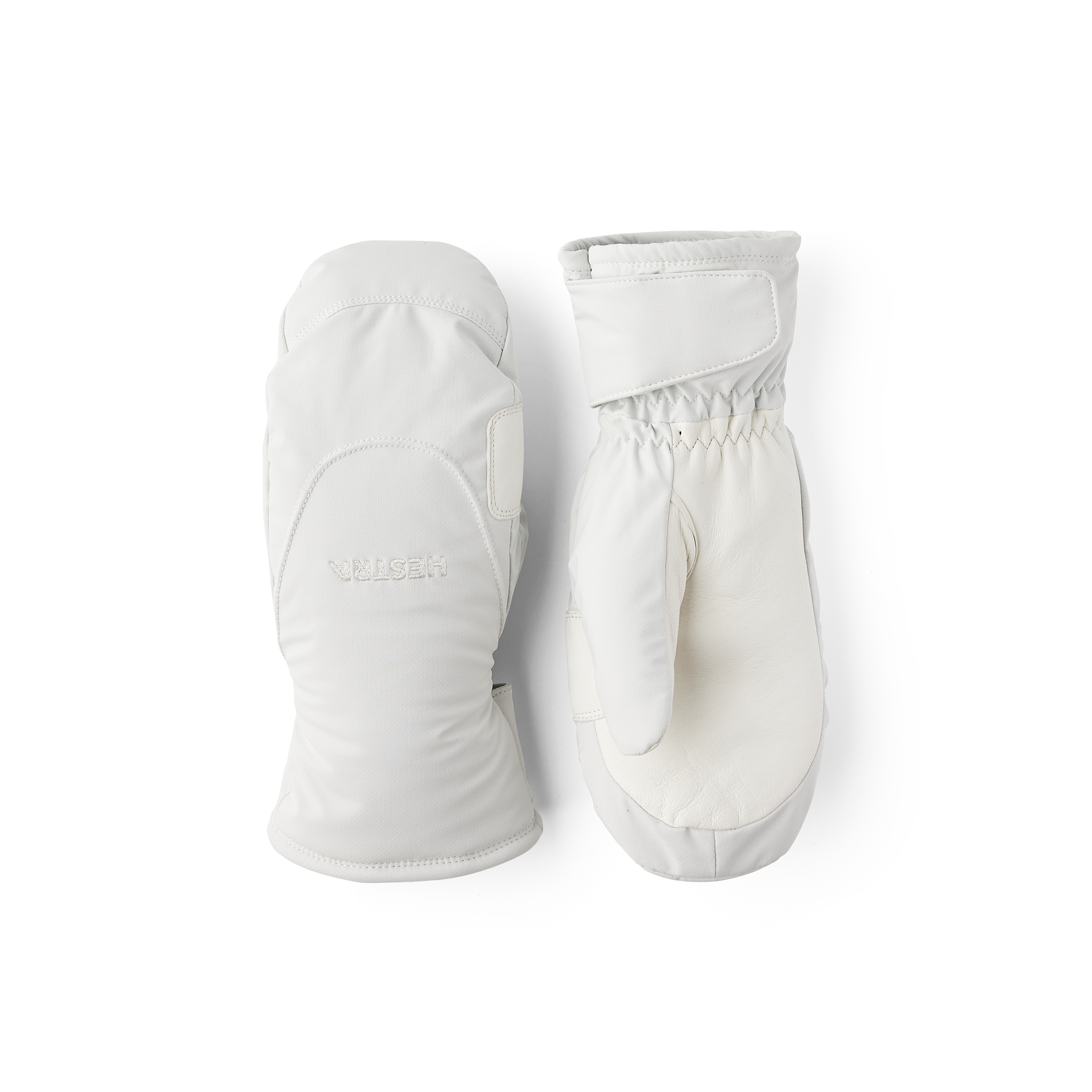 Weißer Fausthandschuh aus Stoff mit weißem Haarschafleder an der Innenhand