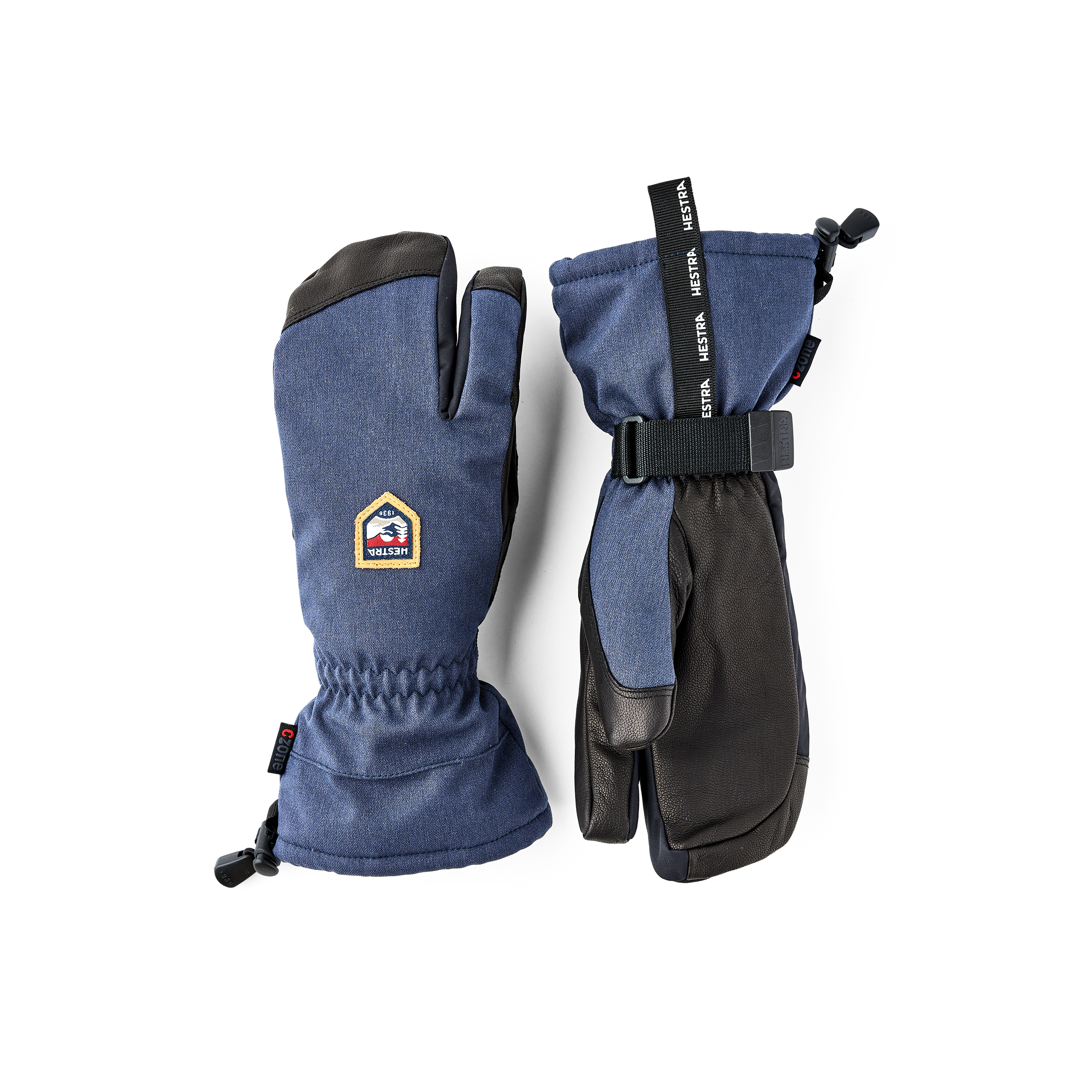 Dunkelblauer Dreifingerhandschuh mit schwarzem Ziegenleder an der Innenhand und verstellbarem Handgelenkverschluss