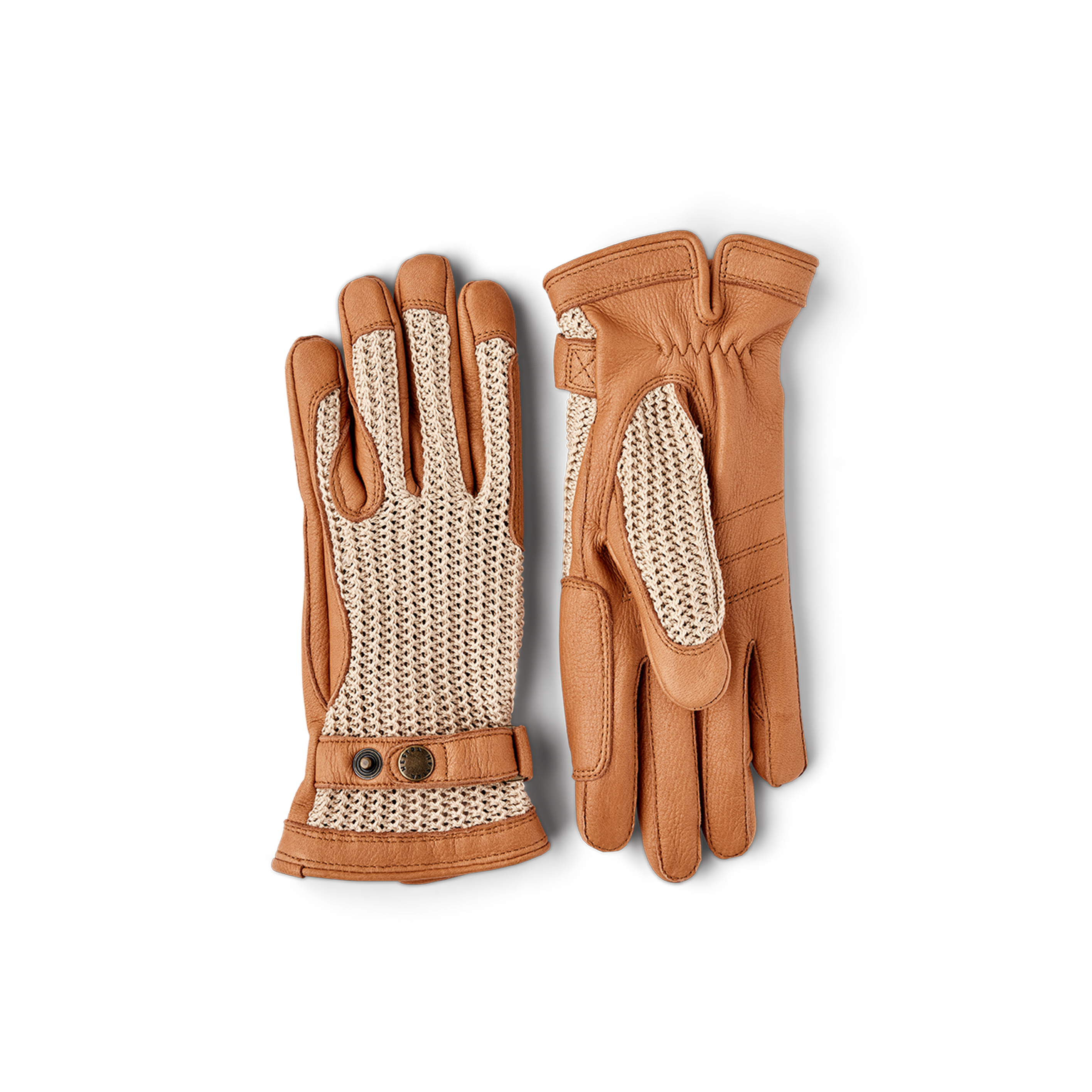 Beiger Reithandschuh aus gehäkelter Baumwolle mit hellbrauner Innenhand aus Hirschleder